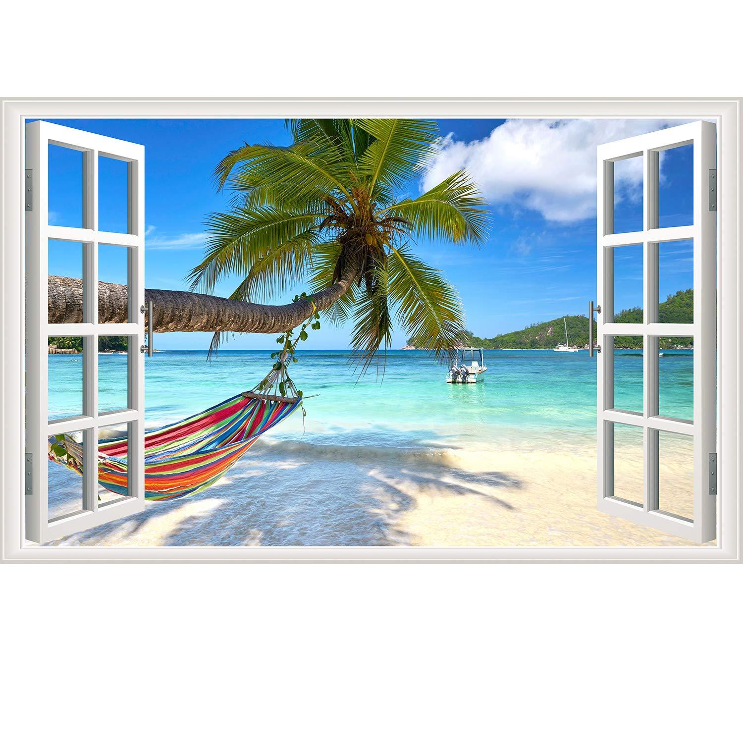 Beach Seascape Window Wall Sticker Palm Tree and Hammock Fake Window Wall Decals Removable Tropical Sea Window View Wall Stickers Decal for Living Room