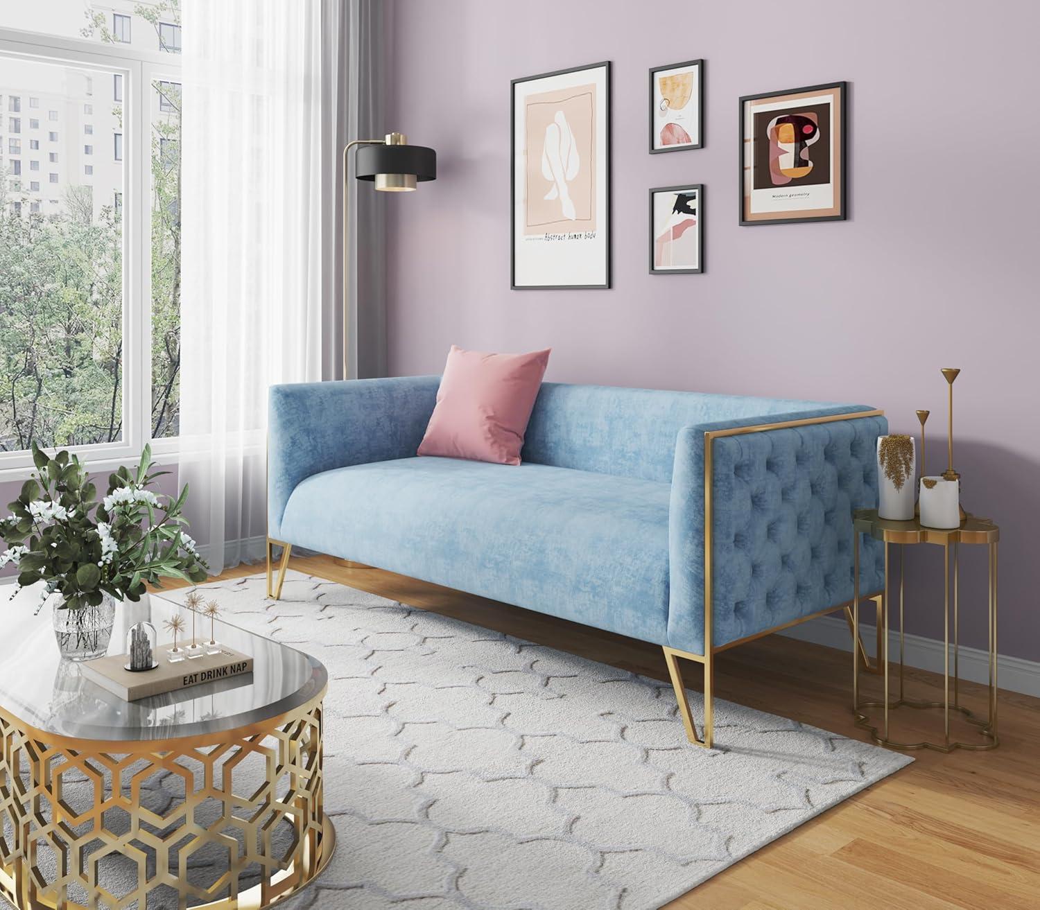 Vector Velvet 3 Seater Sofa Ocean Blue - Manhattan Comfort