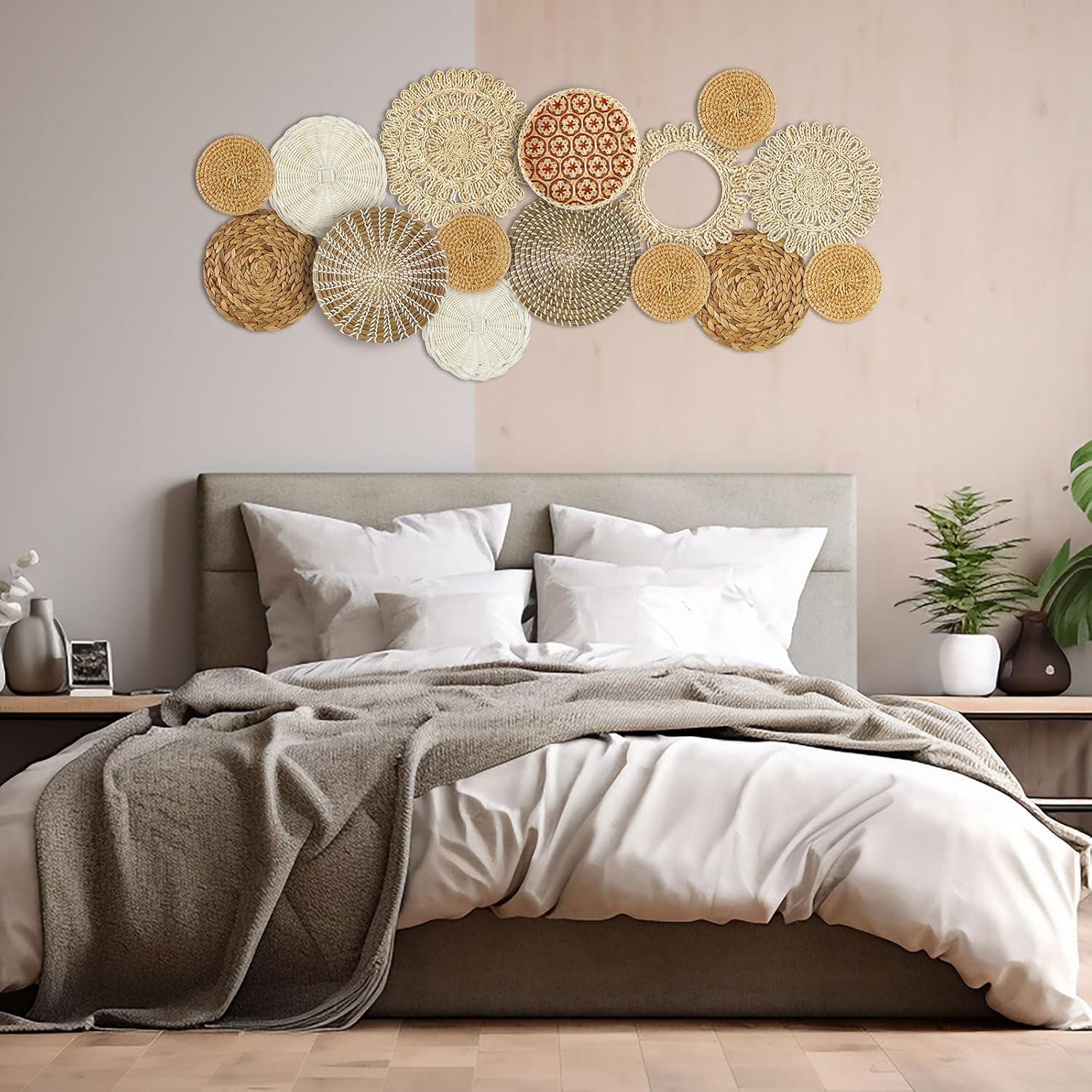 Bungalow Rose Siena 15 Pcs Boho Siena Hanging Woven Sienaative Rustic Handcrafted Seagrass Baskets Round Woven Hanging Art For Home Farmhouse Kitchen Table Living Room