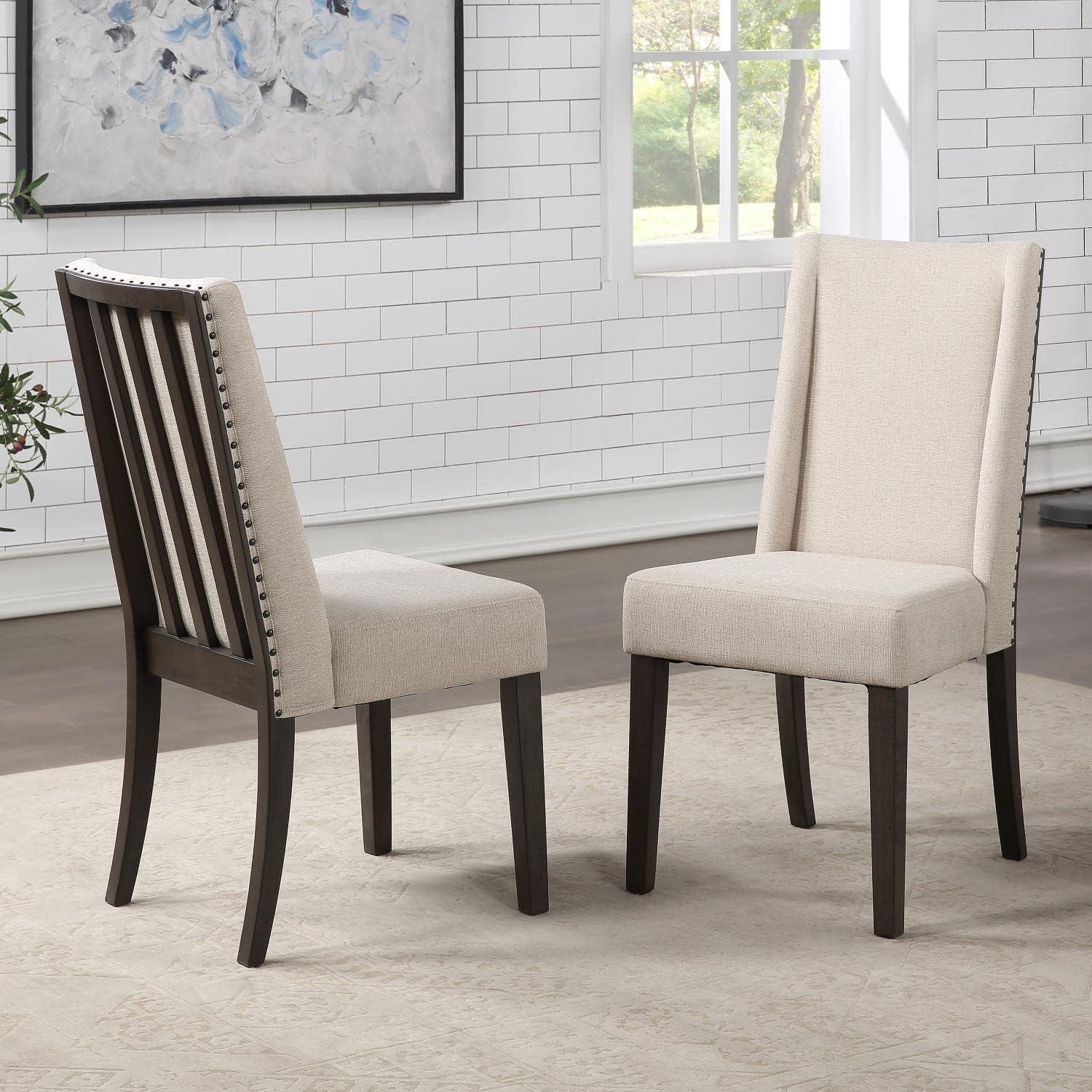 Beige Linen Upholstered Side Chair with Dark Wood Legs