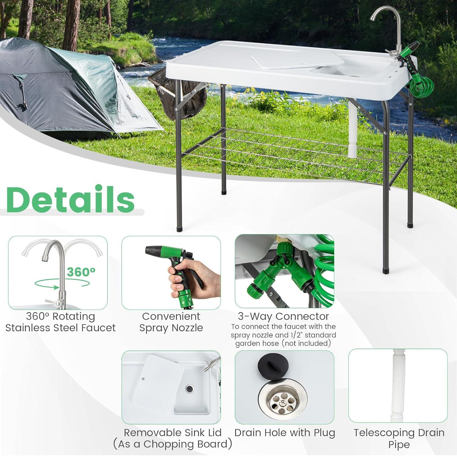 Topbuy Folding Fish Cleaning Table Fish Fillet Station w/ 360° Rotatable Faucet & Sink & Spray Nozzle & Drain Pipe Outdoor Camping Table