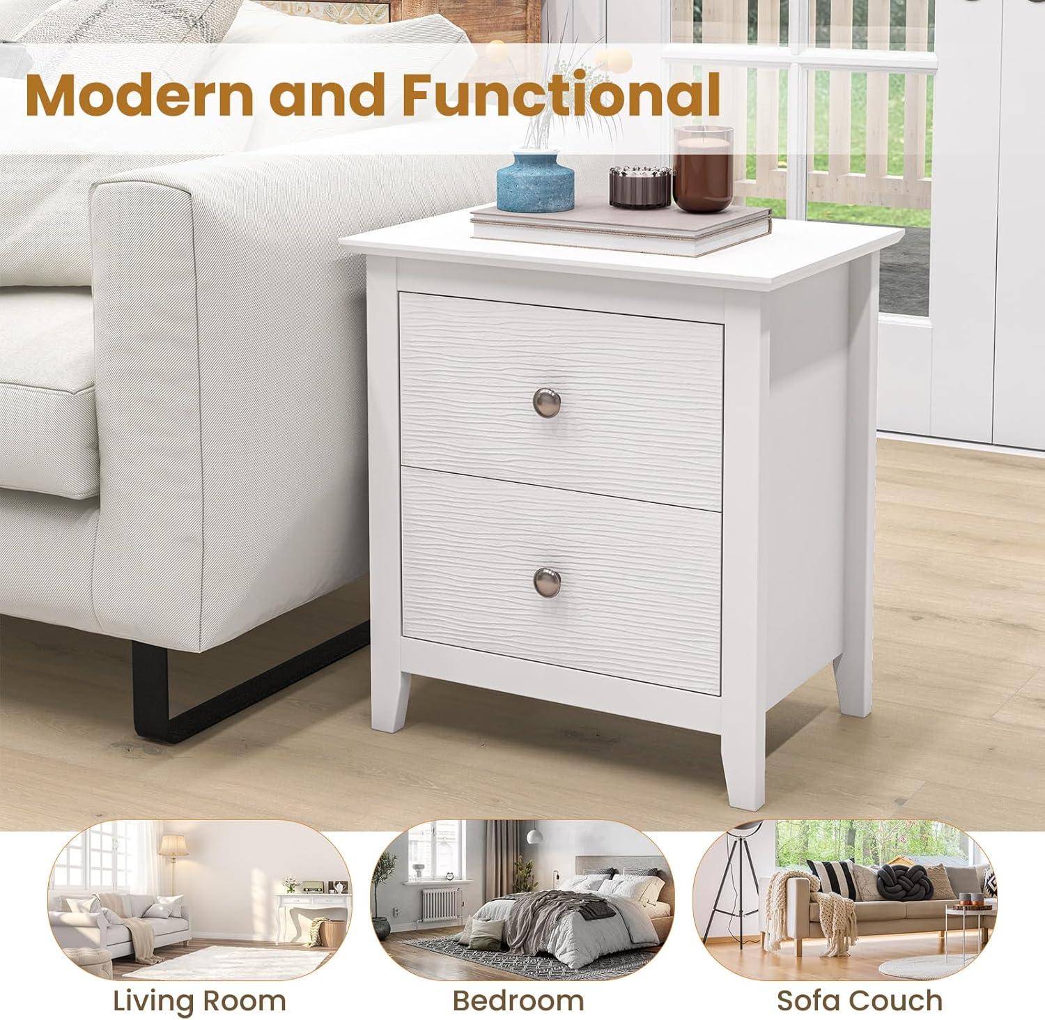 Tangkula Modern Nightstand with Storage 2 Drawers & Support Legs for Bedroom White
