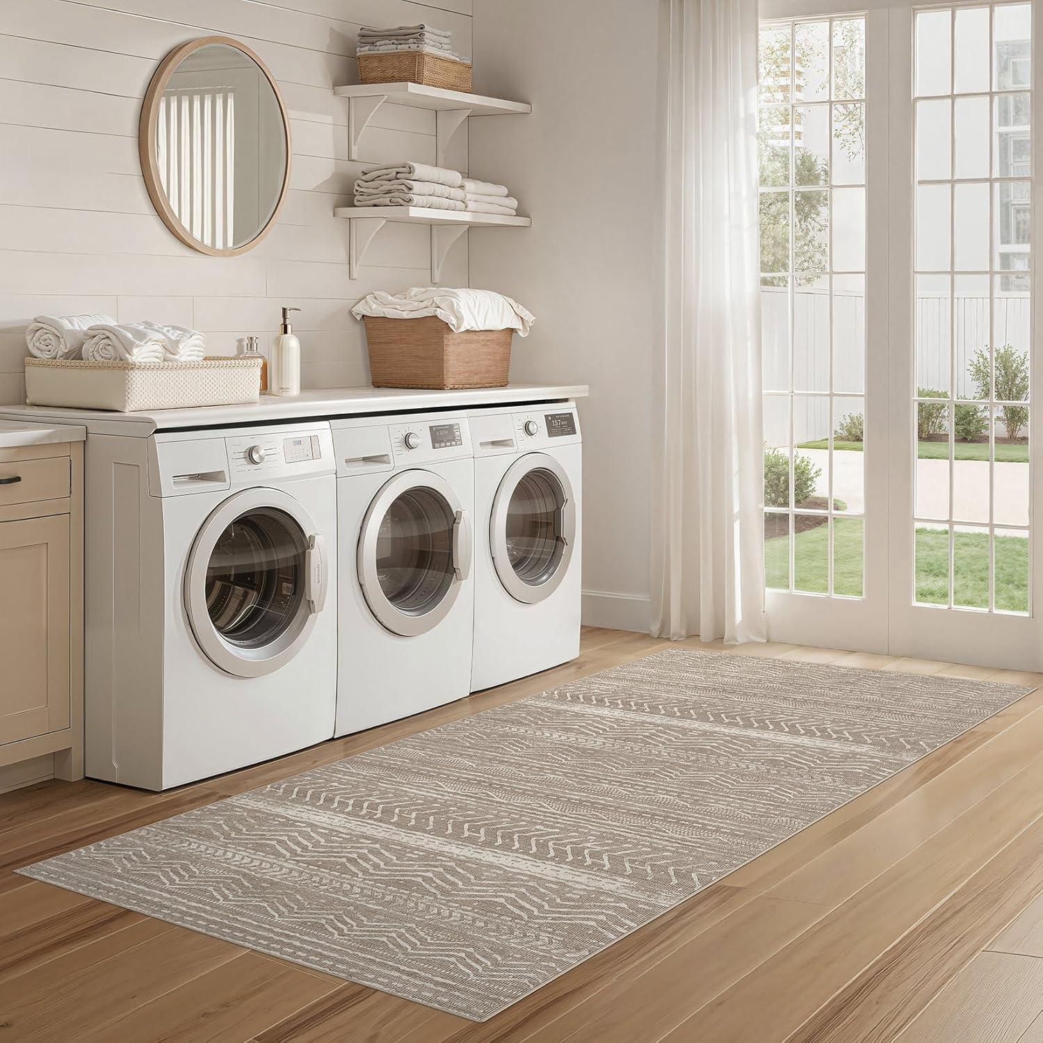 FairOnly 9'x12' Brown White Area Rugs Machine Washable Vintage Rugs for Bathroom Geometric Moroccan Ultra-Thin Area Rugs for Family Room Living Room Carpet