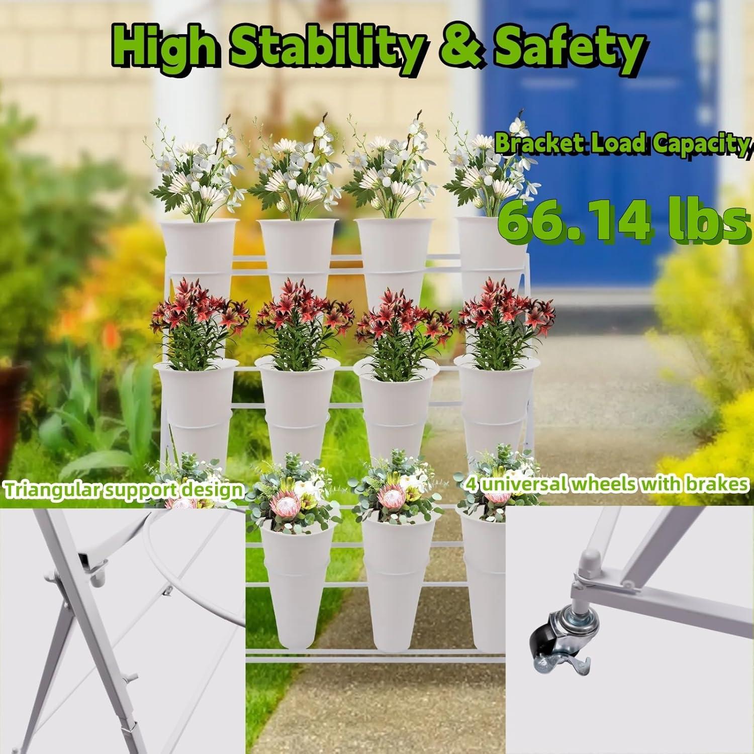 White Flower Display Stand with 12Pcs Buckets, 3 Layers Metal Plant Stand, Moving Florist Bouquet Shelf for Fresh Flower Shop,Patio Garden, Outdoor Flower Pop-up Events