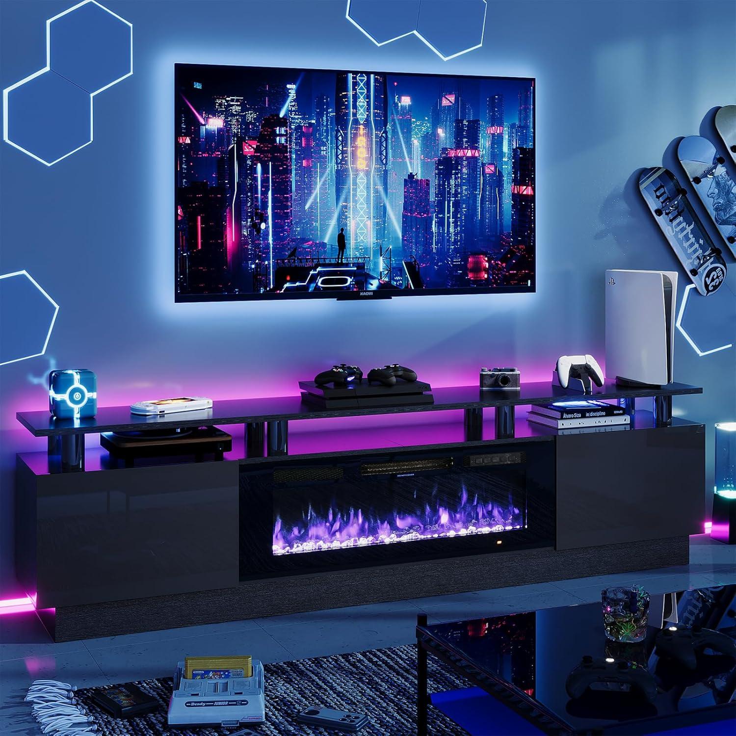 AOXUN Fireplace TV Stand with 36" Electric Fireplace, 80" 2 Tier TV Console Stand for TVs Up to 90", Black