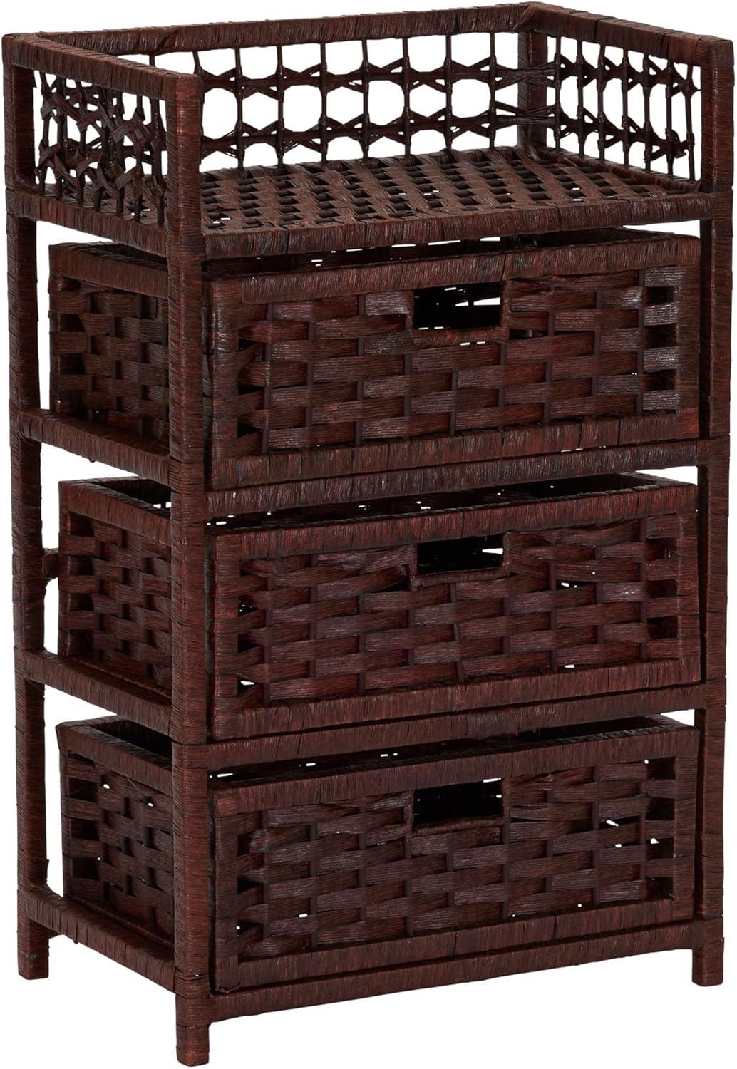 Household Essentials 16.875” Wide Paper Rope Woven 3-Drawer Storage Chest, Espresso Brown Stain Finish