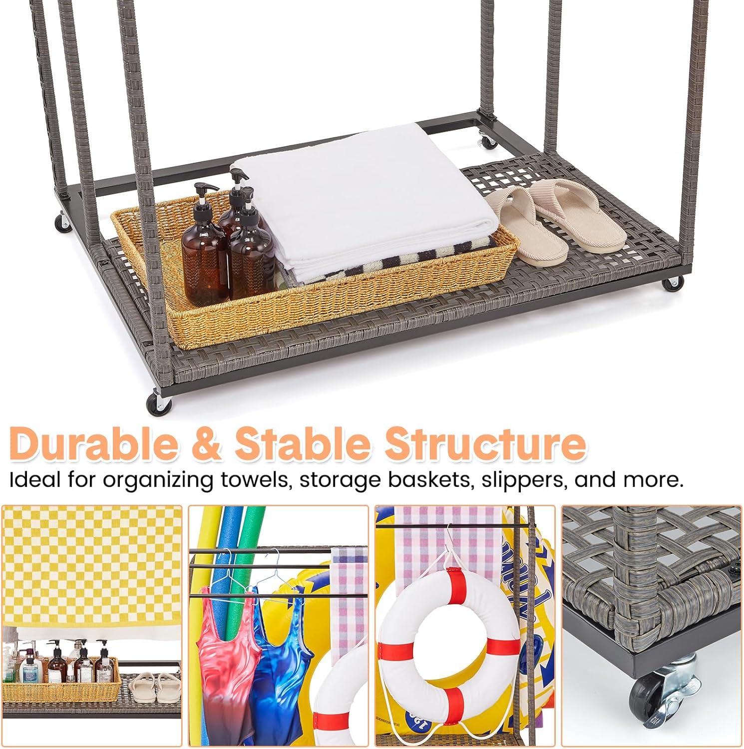Outdoor Rattan 5-Bar Poolside Towel Rack with Storage