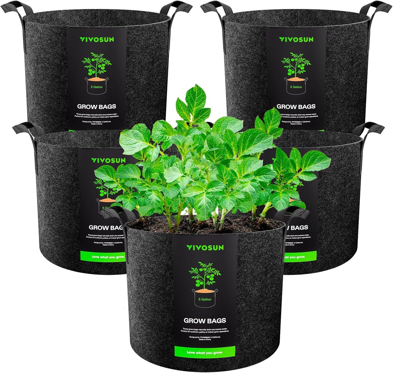 VIVOSUN 5-Pack 5 Gallon Heavy-Duty Black Fabric Grow Bags