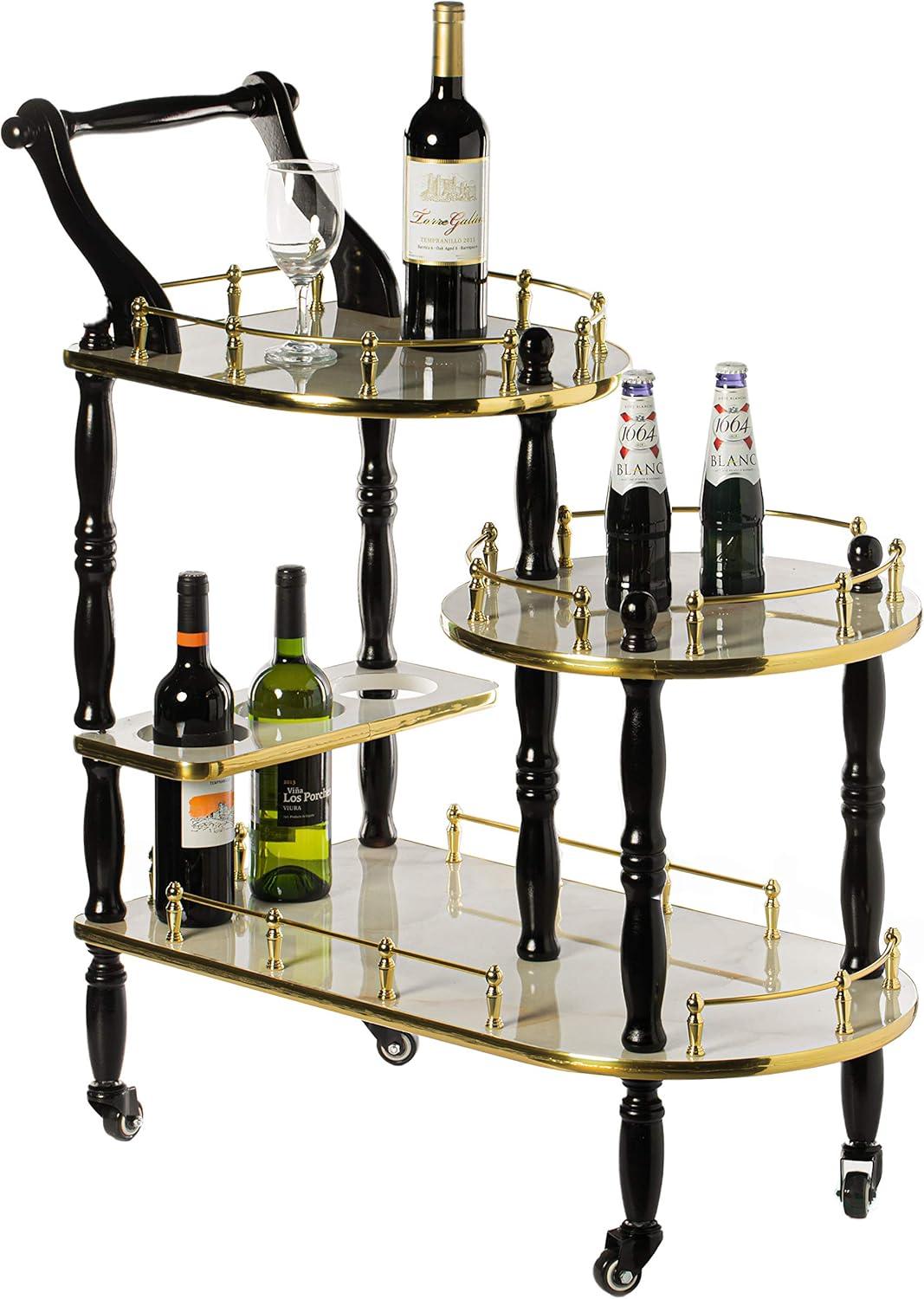 Wood Serving Bar Cart Tea Trolley with 3 Tier Shelves and Rolling Wheels