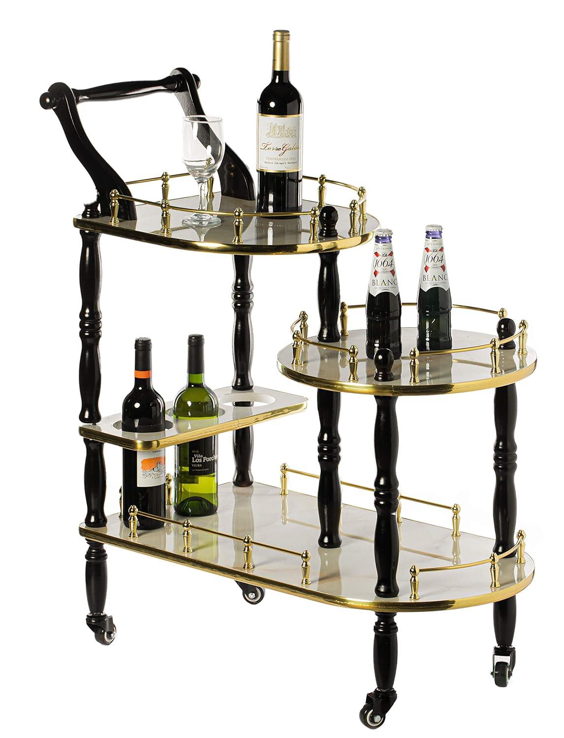 Wood Serving Bar Cart Tea Trolley with 3 Tier Shelves and Rolling Wheels