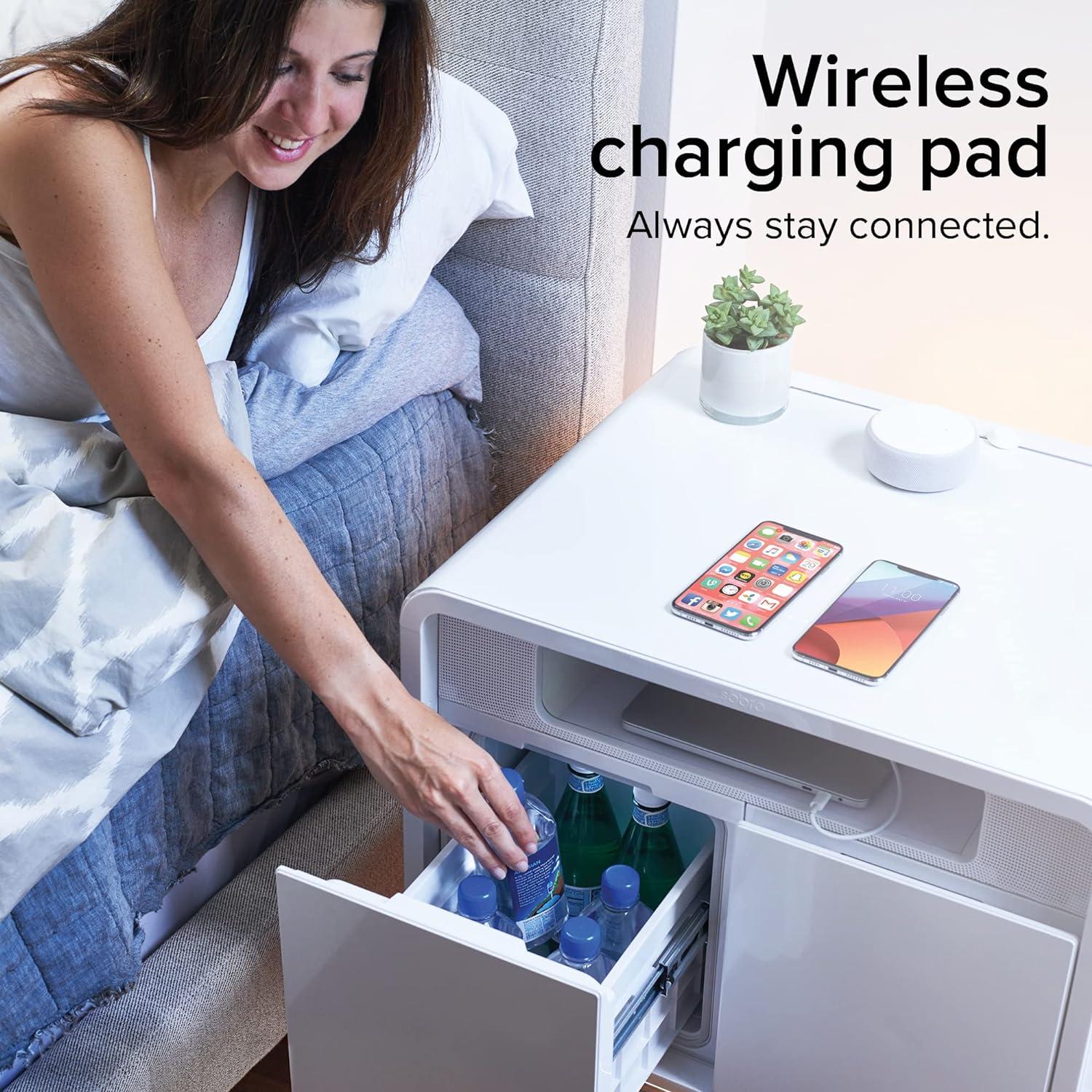Smart Side/Nightstand Table - with Cooling Drawer, Wireless Charging, Bluetooth Speakers, USB-C and 120V outlets, LED Light, Wood/White