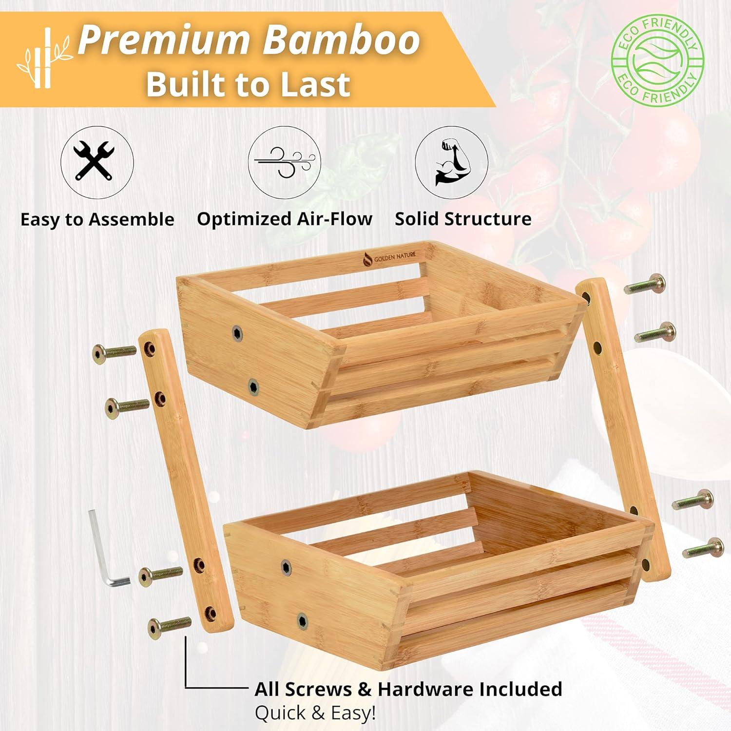 Bamboo Basket for Kitchen Counter Fruit & Vegetable Storage, Two Tier Wooden Fruit Bowl by Golden Nature