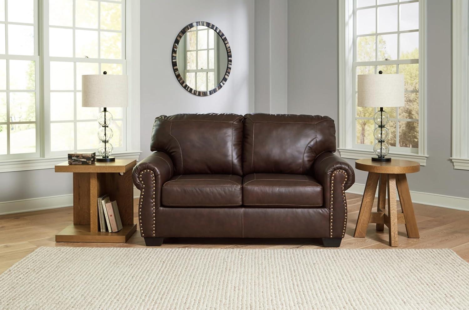 Dark Brown Tufted Faux Leather Loveseat with Nailhead Trim