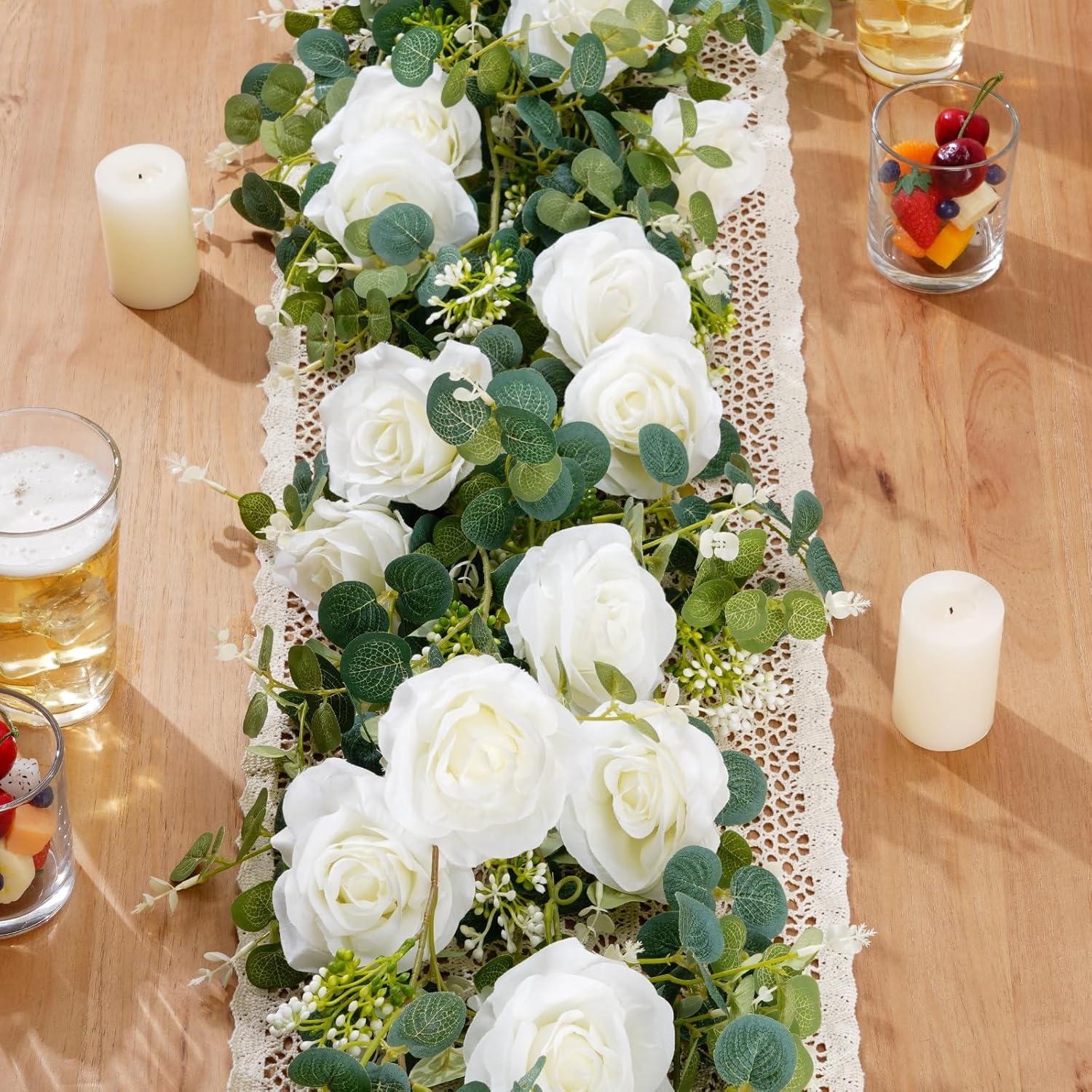 13Ft White Rose and Eucalyptus Artificial Garland Set