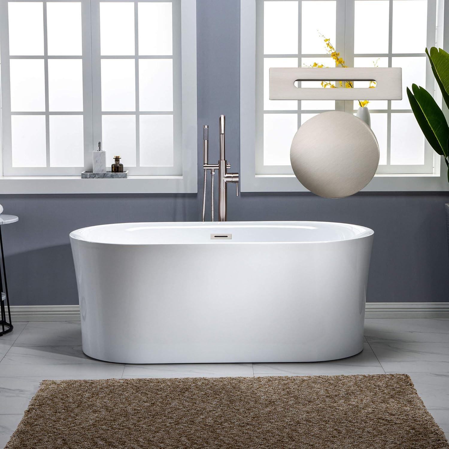 59'' White Acrylic Freestanding Soaking Bathtub with Brushed Nickel Overflow