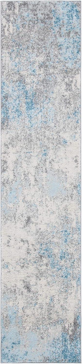 Modern Abstract Grey & Blue Synthetic 2' x 19' Runner Rug