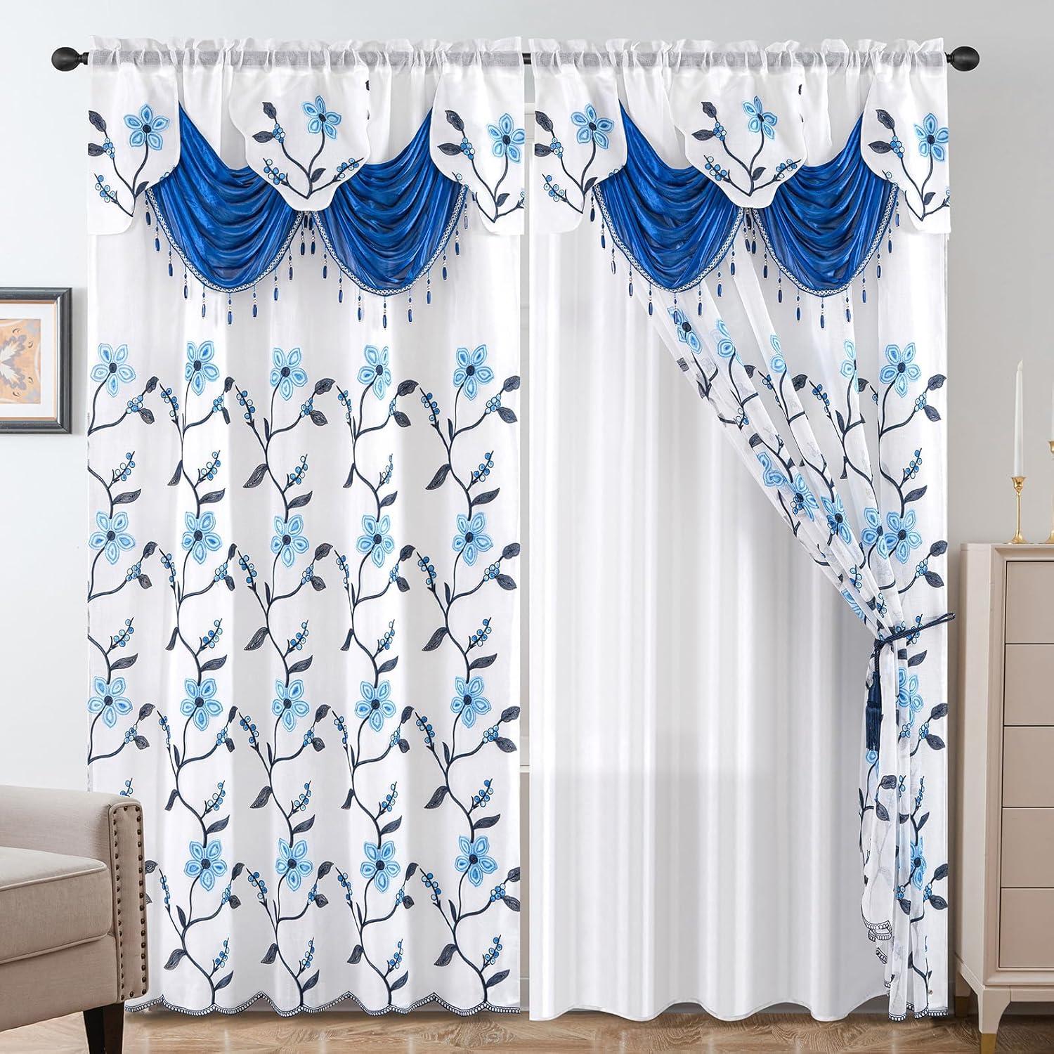 Red Barrel Studio® Embroidery Sheer Curtain 2 Panels Set Luxury Window Curtain Attached Valance With Satin Backing And 2 Tie Backs