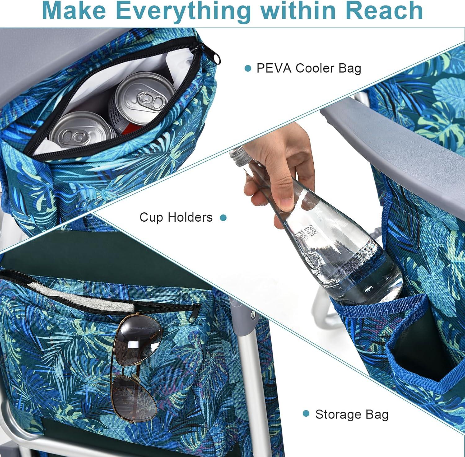 GYMAX Beach Chairs, 2-Pack Backpack Camping Chair with Armrest, Cooler Bag, Cup Holder, Towel Bar & Side Pockets, Sunbath Sling Tanning Lounge, Folding Layout Chairs (Blue Leaves, with Table)