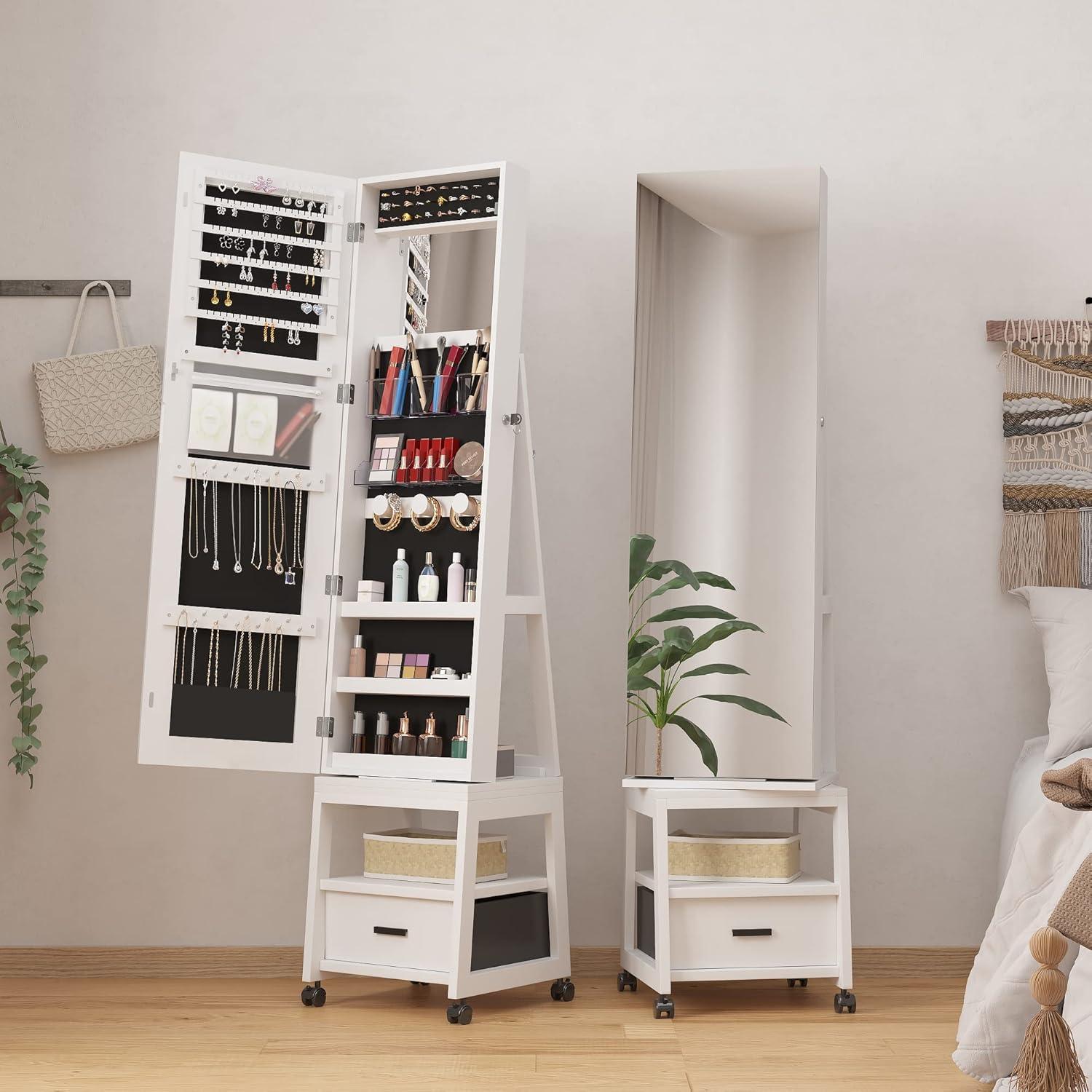 360°Swivel Jewelry Cabinet,Lockable Standing Jewelry Armoire with Mirror, Drawer and Wheels,Floor Dressing Mirror with Hidden Jewelry Storage for Bedroom, Dressing Room Clamshell