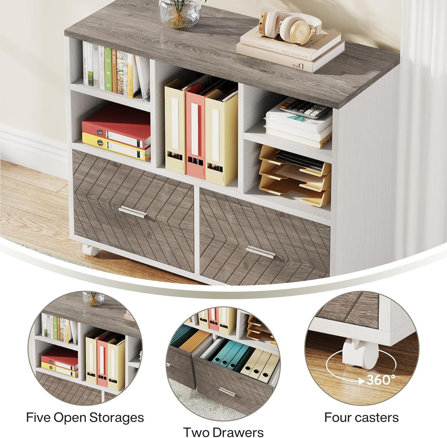 Tribesigns 63 inch L-Shaped Executive Desk with Reversible File Cabinet, Office Desk with Storage Drawers, Gray & White