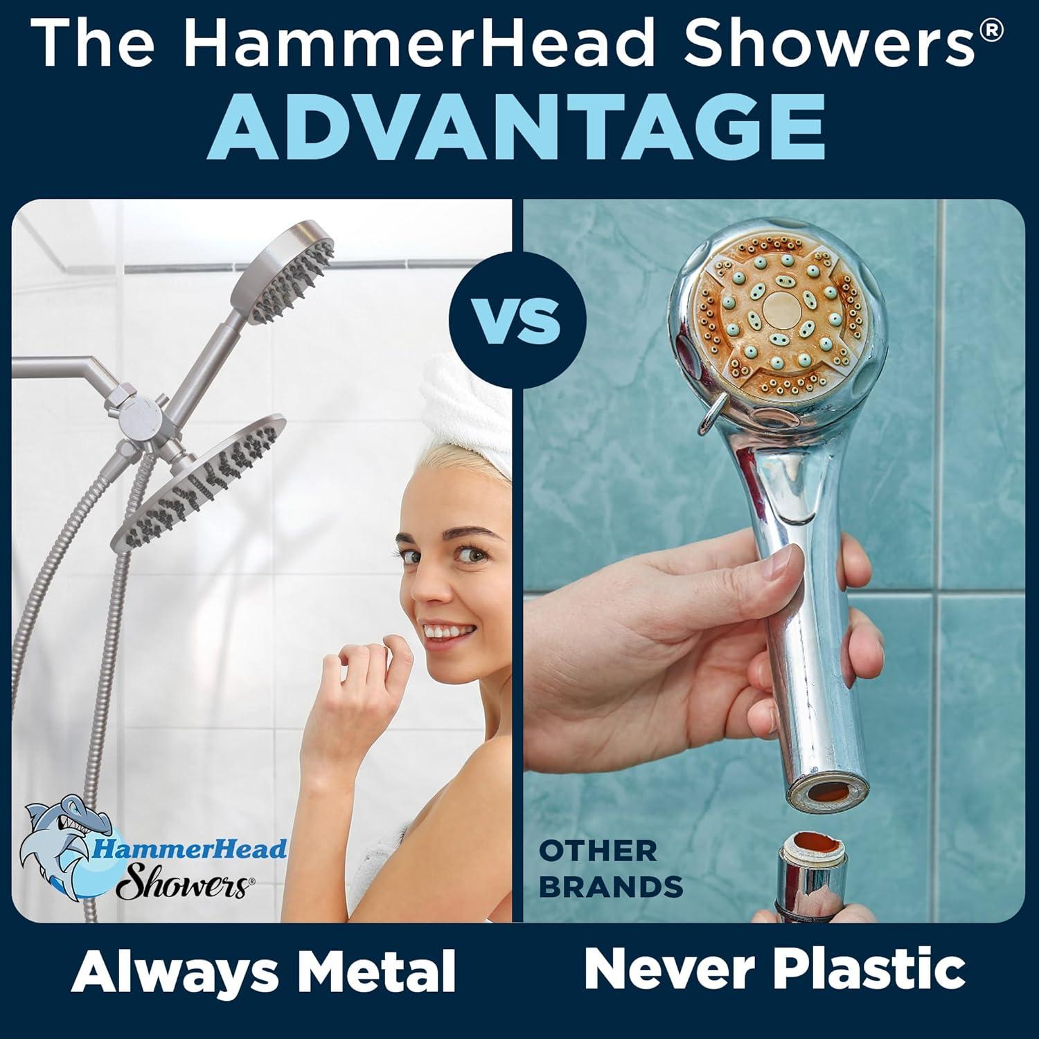 HammerHead Showers® Solid Metal Dual Shower Head Combo – BRUSHED NICKEL – 8 Inch Rainfall High Flow Shower Head & Handheld Shower Head High Pressure with Hose 6ft - Hotel-Like Double Shower Heads