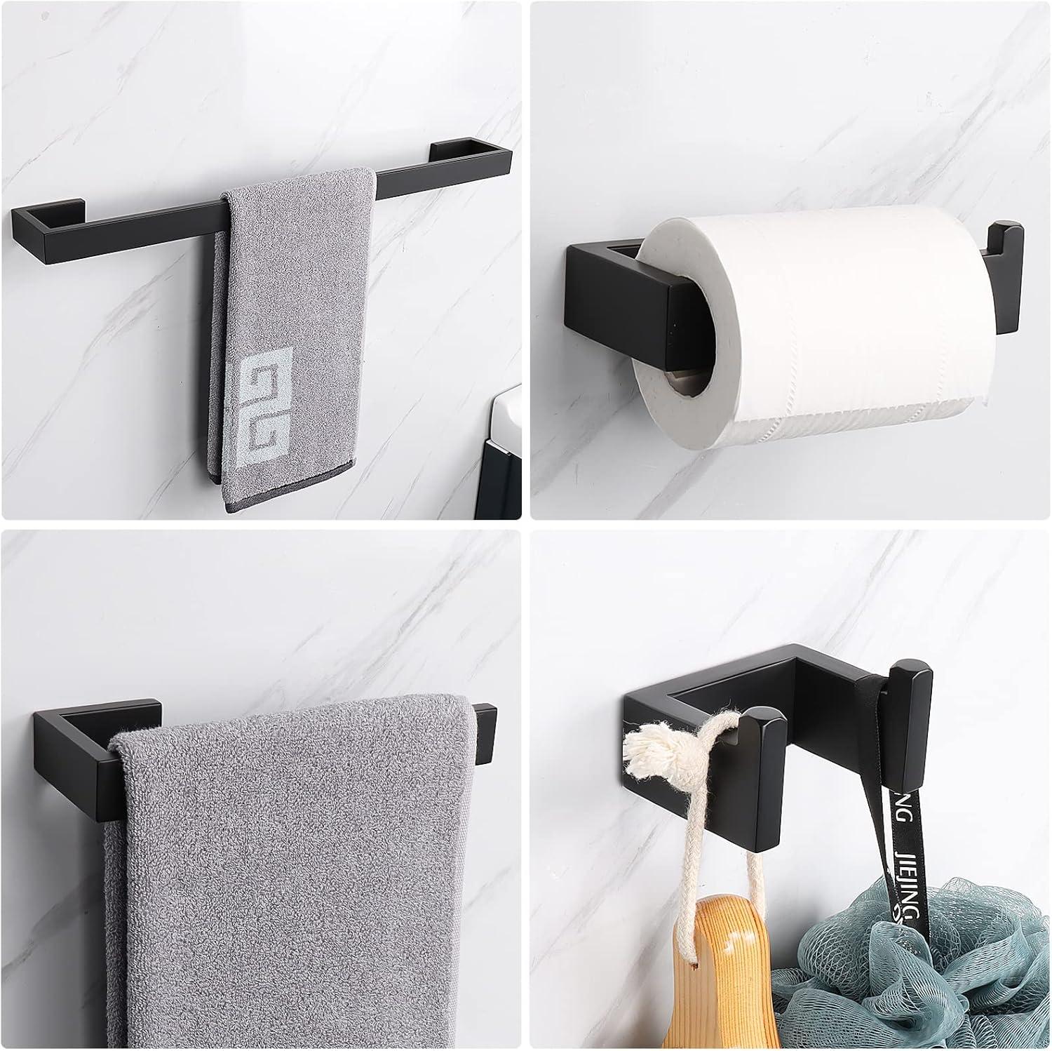 Bathroom Hardware Accessories Set, Matte Black 4-Piece Bathroom Hardware Set including Towel Bar,Towel Holder, Toilet Paper Holder, Towel Hook,Stainless Steel Bath Towel Bar Set