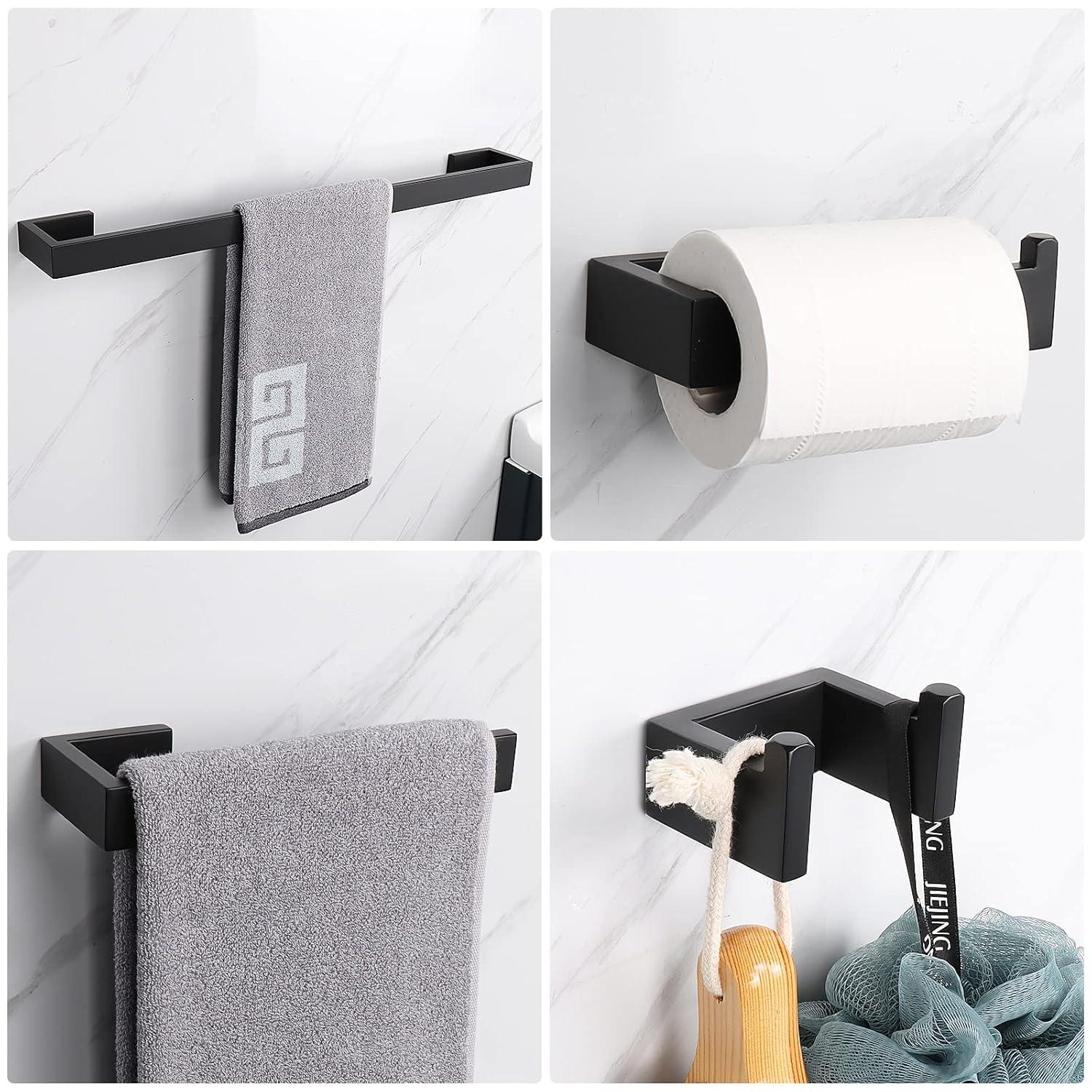 TNOMS 4 Pieces Bathroom Hardware Accessories Set Black Towel Bar Towel Holder Robe Hook Toilet Paper Holder Stainless Steel,Q8-P4BK