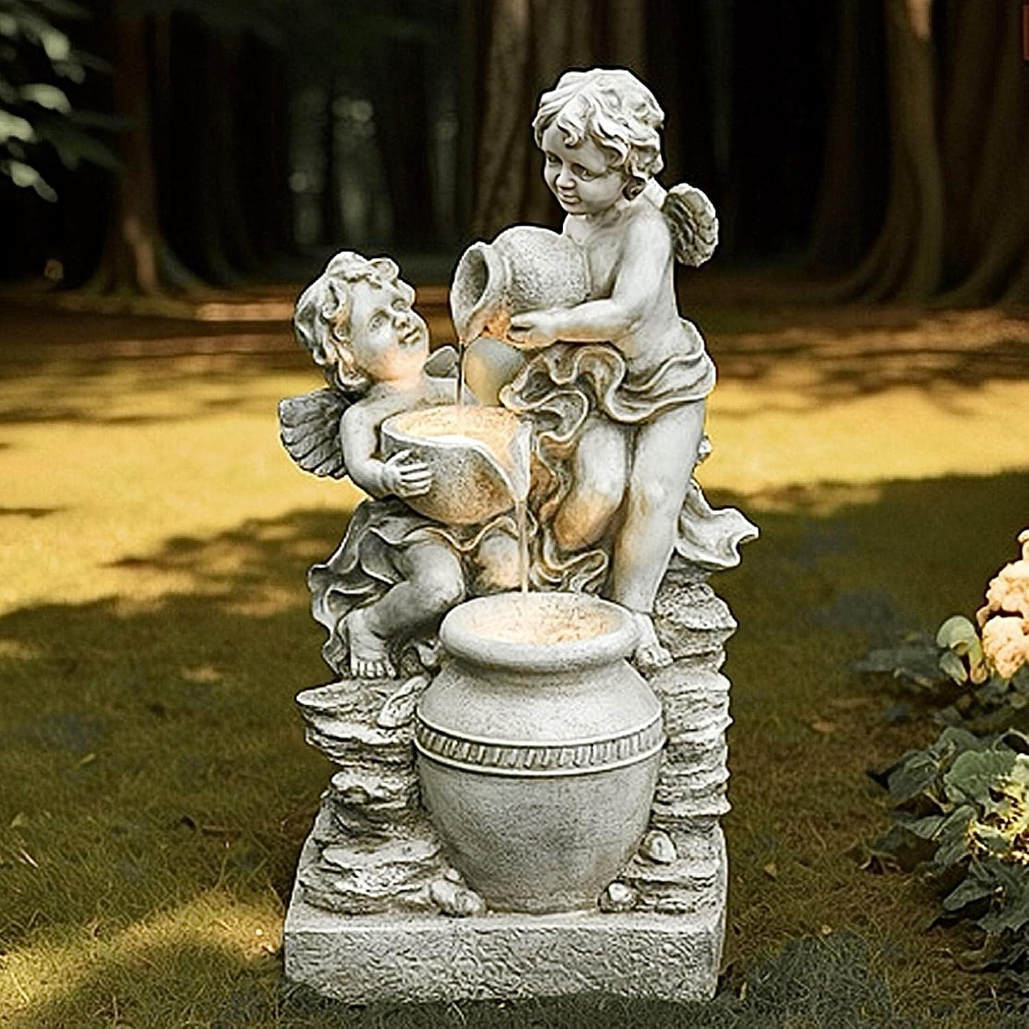 LuxenHome 30” Gray Resin Cherub Angels Outdoor Water Fountain with LED Lights, Garden Fountain Decor for Yard