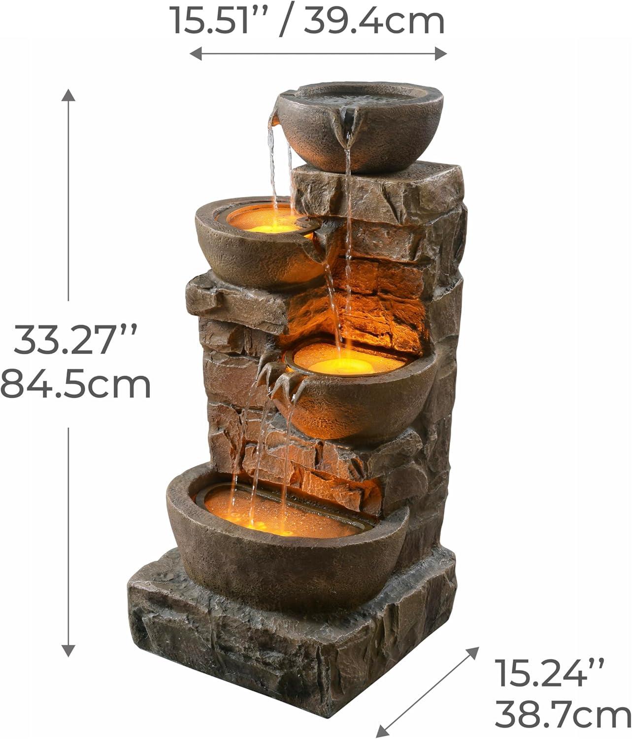 Teamson Home 33.27" Polyresin Cascading Bowls & Stacked Stones LED Fountain: Rust-Resistant, Electric Pump, Ground Freestanding