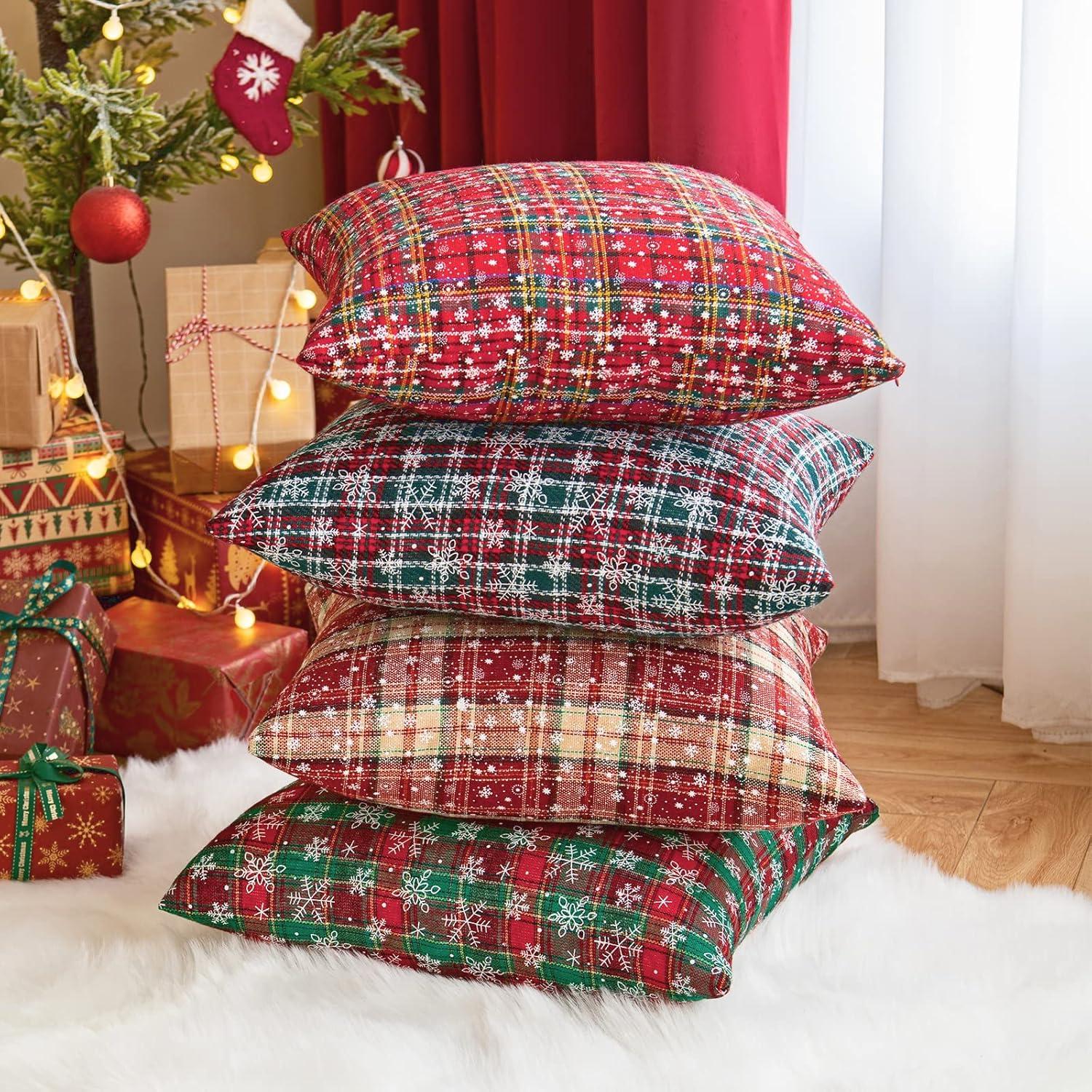 Red and Beige Tartan Plaid Snowflake 18" Polyester Euro Pillow Covers