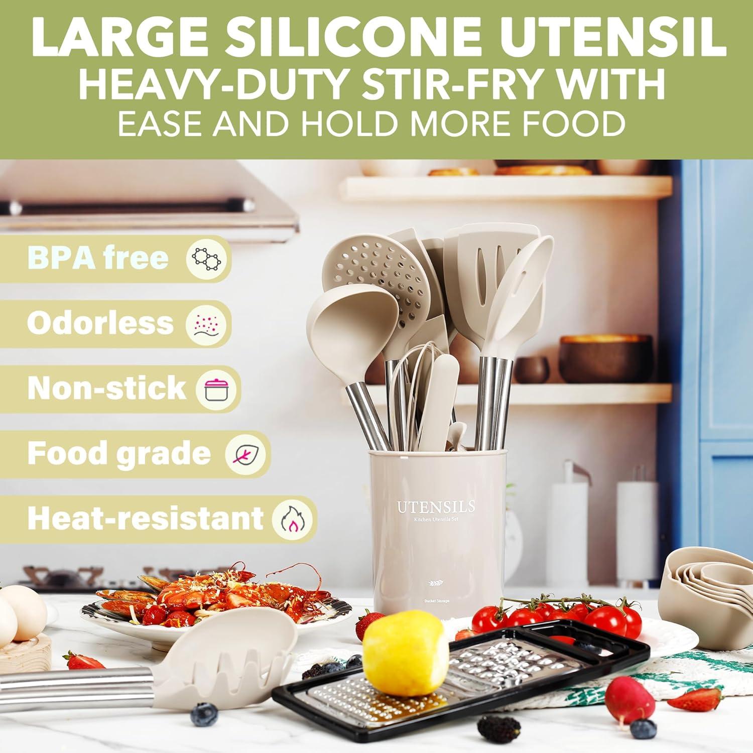 Kitchen Utensils Set, 35 Pcs Silicone Cooking Utensils Set with Holder, with Stainless Steel Handle Spatula Set, Spoons, Pasta Server, Cheese Grater, Masher, Scissors, Dishwasher Safe (Khaki)