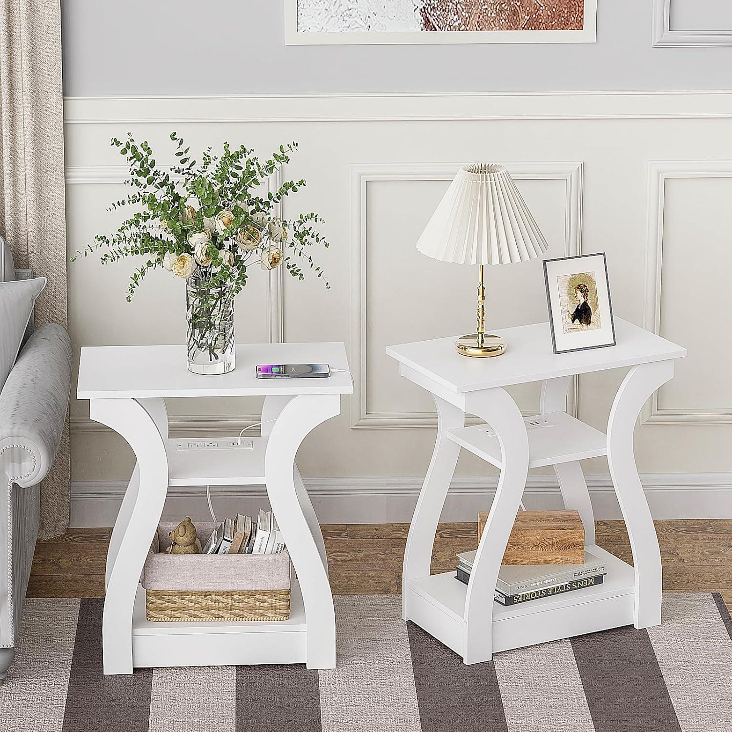 End Table Set of 2 with Charging Station, Side Table with USB Ports and Outlets, Nightstand, 3 Tier End Table with Storage Shelf for Living Room, Bedroom(White Set of 2)