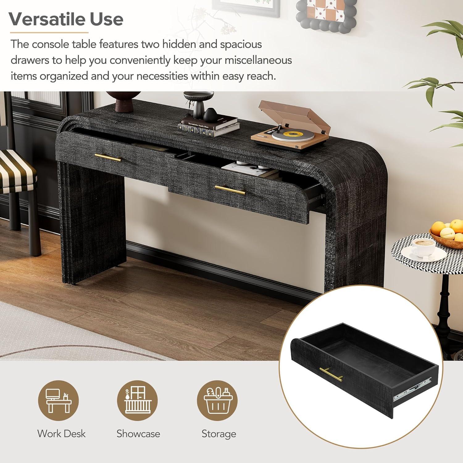 Merax 59inch Unique Silhouette Retro Versatile Console Table, Versatile Entryway Table with 2 Top Lockers for Entrance & Dinning Room & Living Room & Hallway, Antique Black