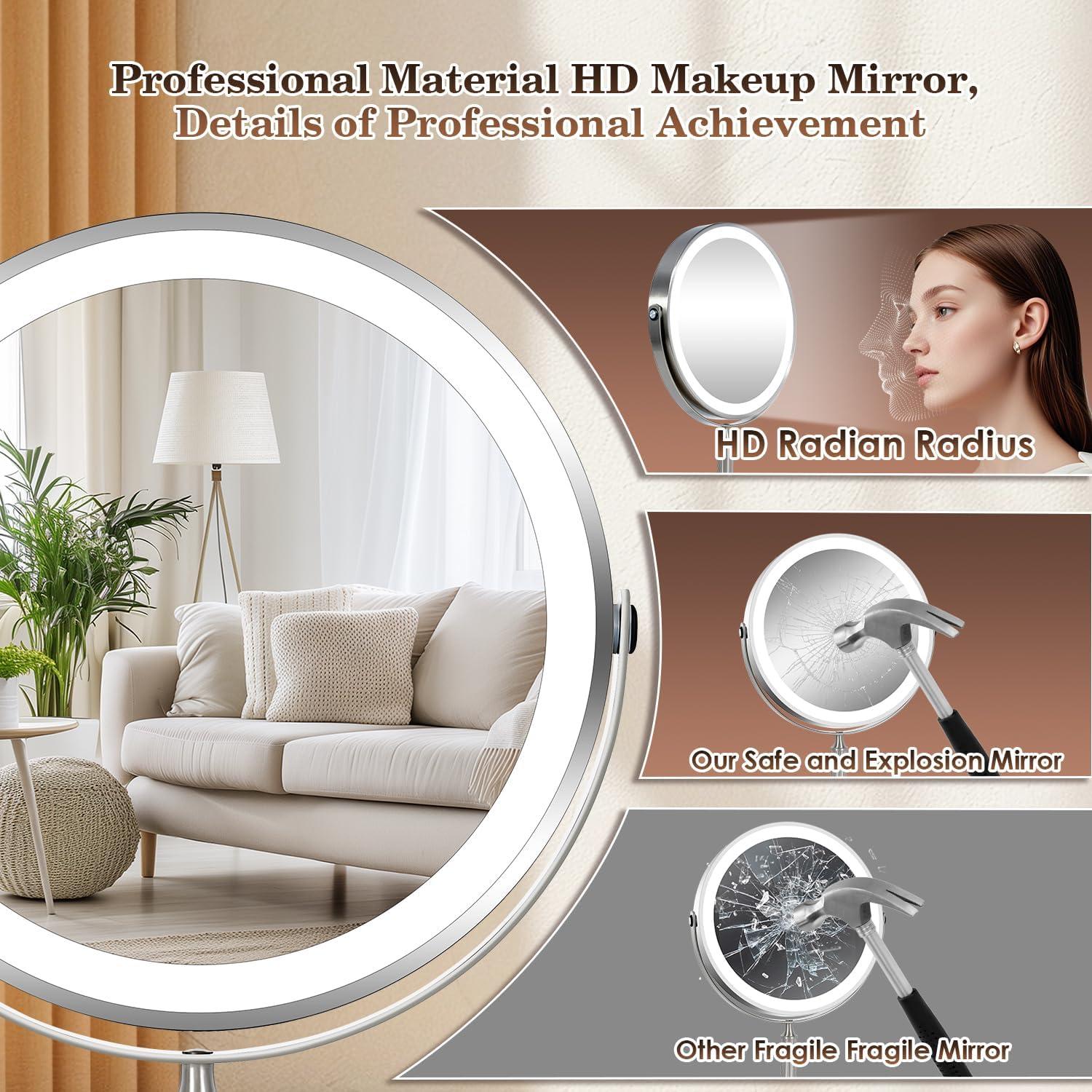 Nickel 9.5" Double-Sided Lighted Makeup Mirror with 15X Magnification