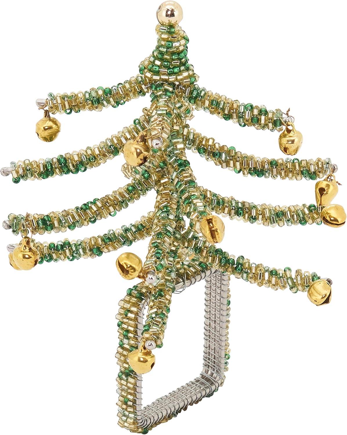 Green Beaded Christmas Tree Napkin Rings, Set of 4