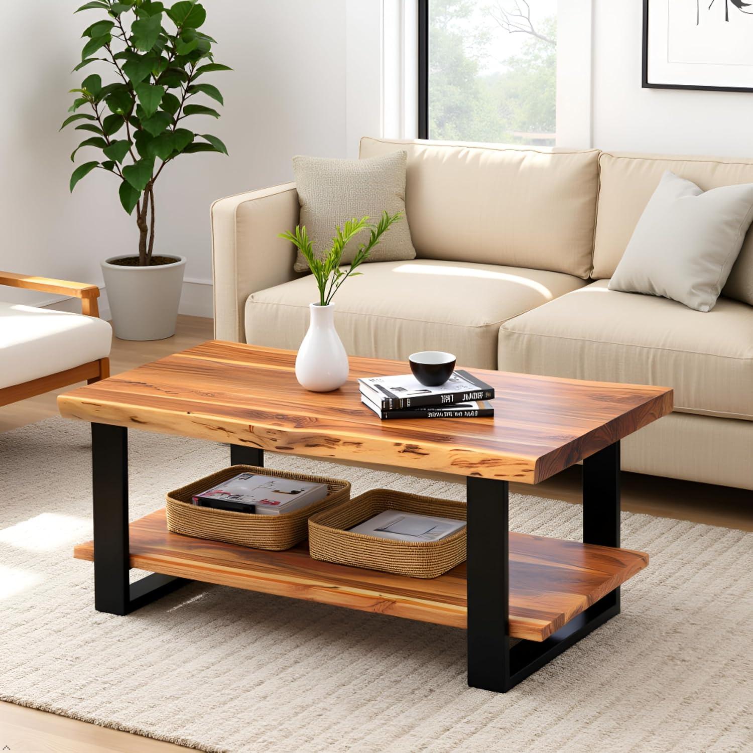 Alpine Live Edge Wood Coffee Table Natural - Alaterre Furniture: Acacia Sofa Table, Metal Legs, Rectangular