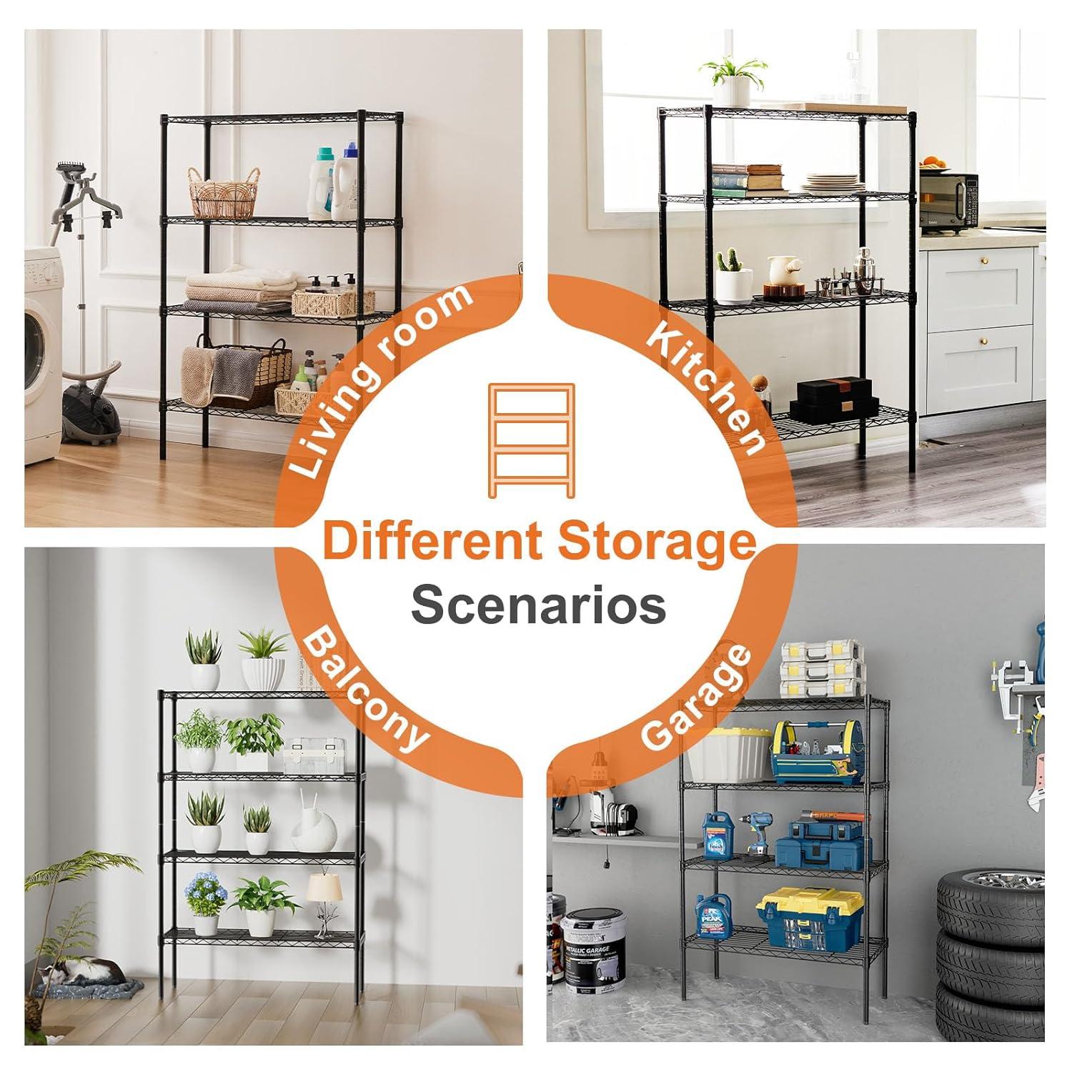 4-Tier Metal Storage Shelving, Adjustable Shelves Unit Heavy Duty Standing Shelf Organizer for Kitchen, Closet, Pantry, Garage, Bathroom, Laundry