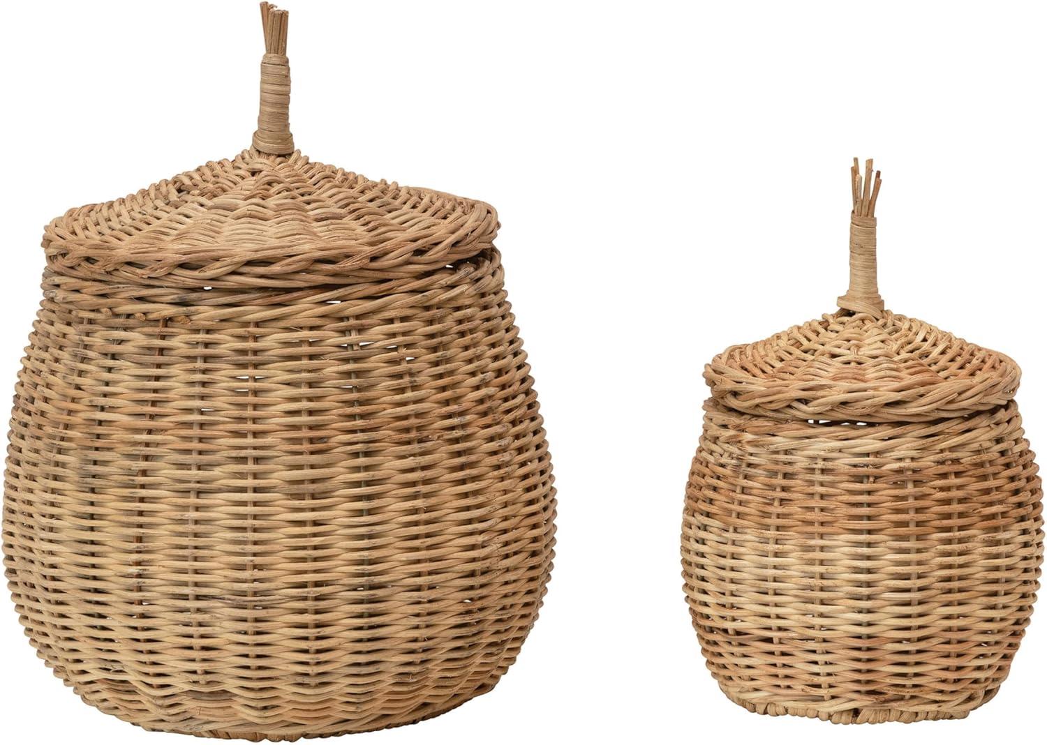 Natural Hand-Woven Wicker Round Storage Baskets with Lids, Set of 2