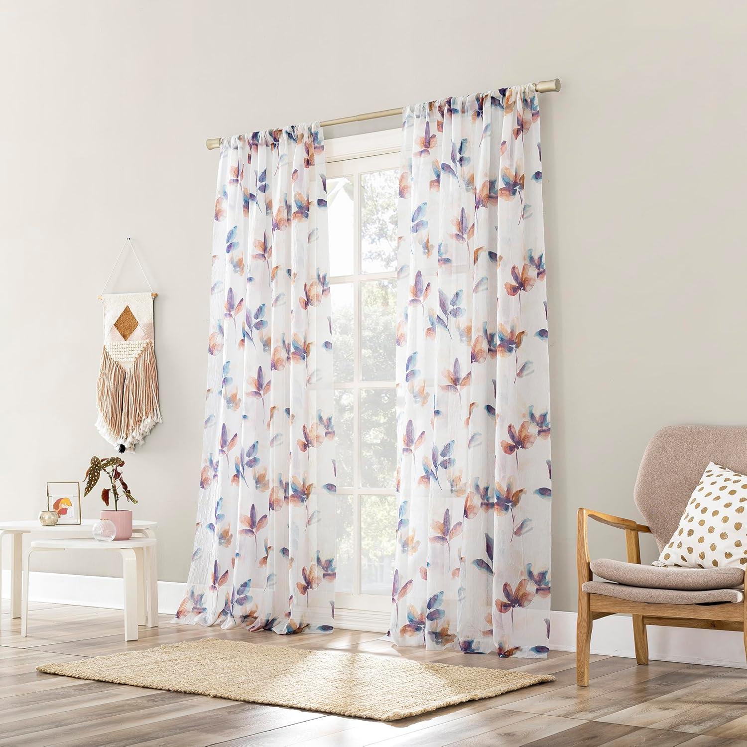 Ellie Floral Print Sheer White Polyester Curtain Panel 51" x 63"