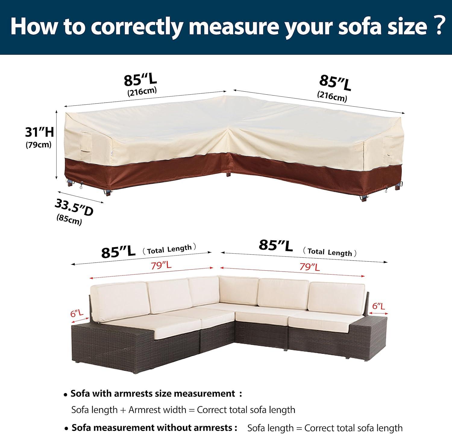 Outdoor Sectional Cover-V-Shaped Garden Patio Furniture Covers Waterproof Rip-Stop Anti-UV 600D Heavy Duty Outdoor Couch Cover with 3 Air Vents Sofa Cover 85''L 33.5''D 31''H,Beige & Reddish Brown