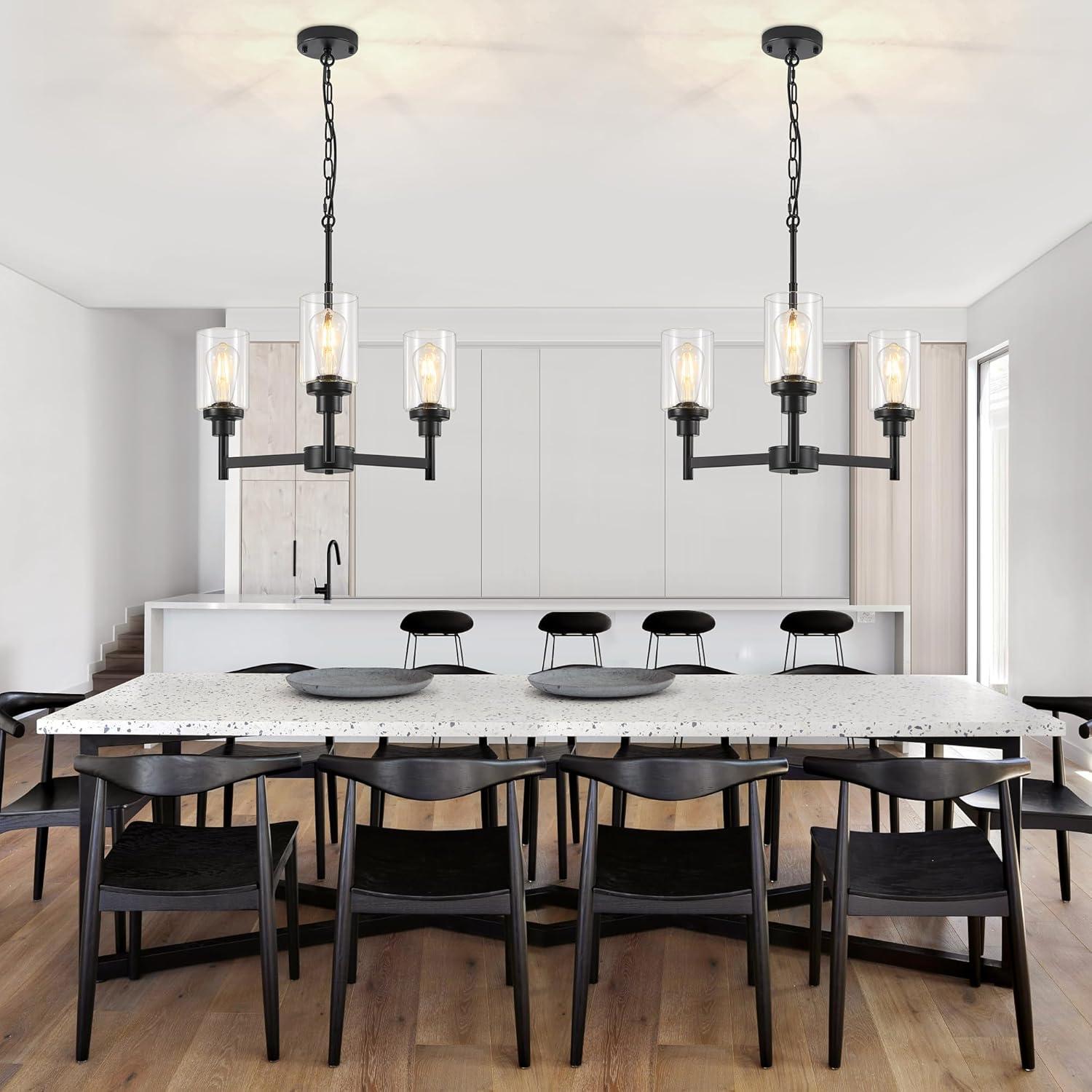 Black Chandelier for Dinning Room Living Room Island Kitchen Chandelier Light Fixtures Over Table, 3 Light Farmhouse Chandelier with Cylinder Clear Glass, Height Adjustable