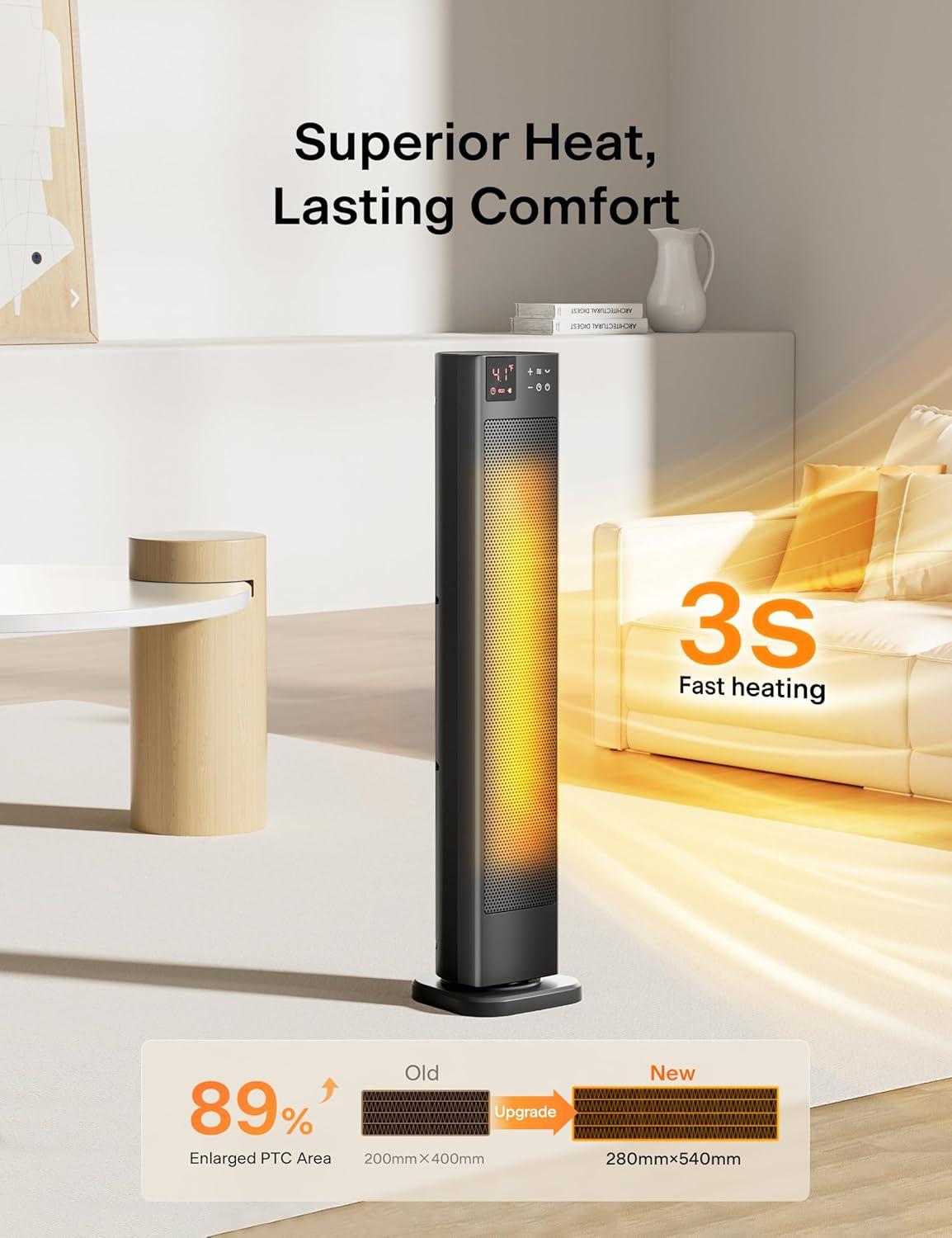 PELONIS 30 inch Ceramic Tower Heater, 1500W, Oscillation, Remote, 12H Timer, PHF15RSAPH30, Black