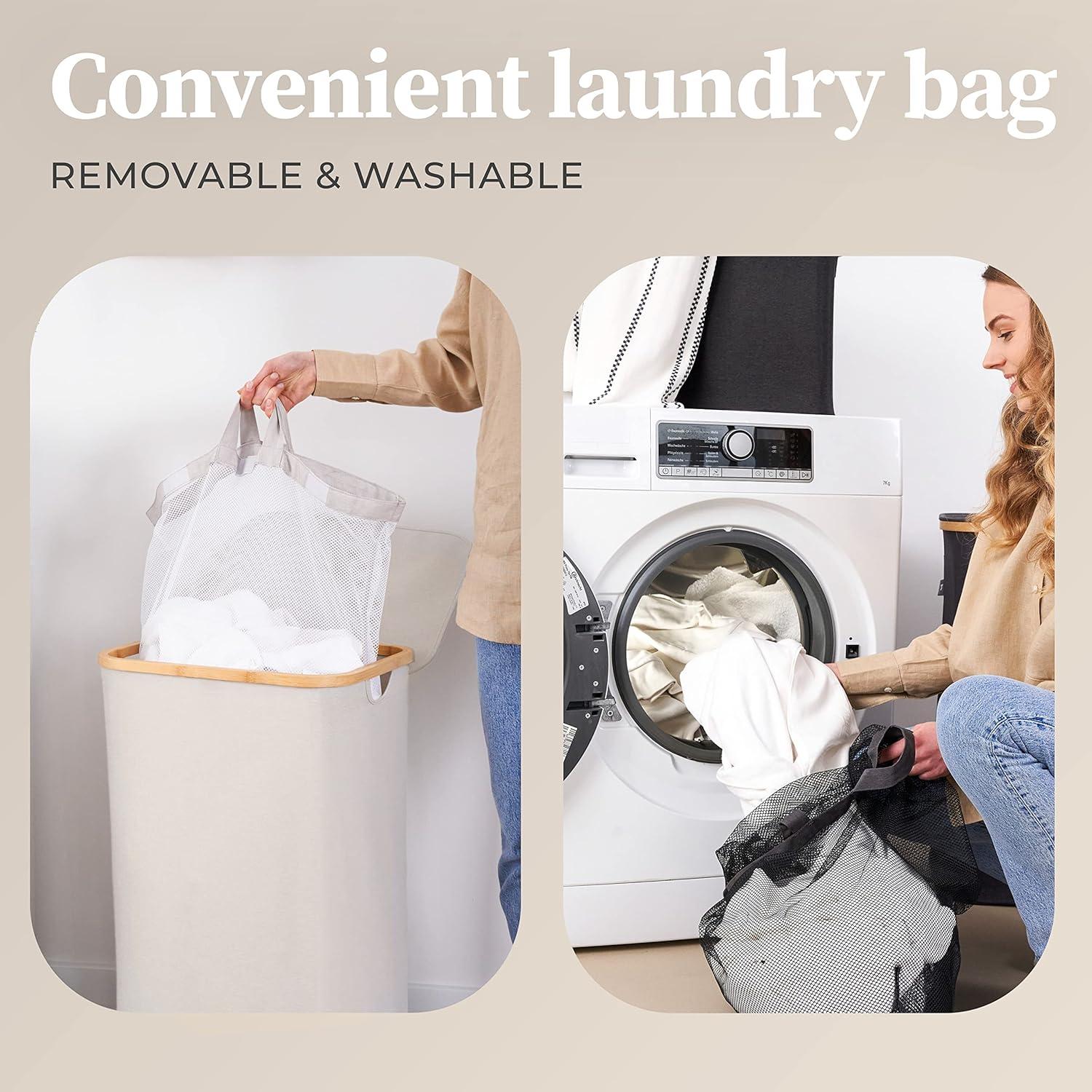 Hennez® Double Laundry Hamper with Lid, 2x Removable Bags, Thic Fabric, Bamboo Hamper 140Liter - 36gal - Light Gray