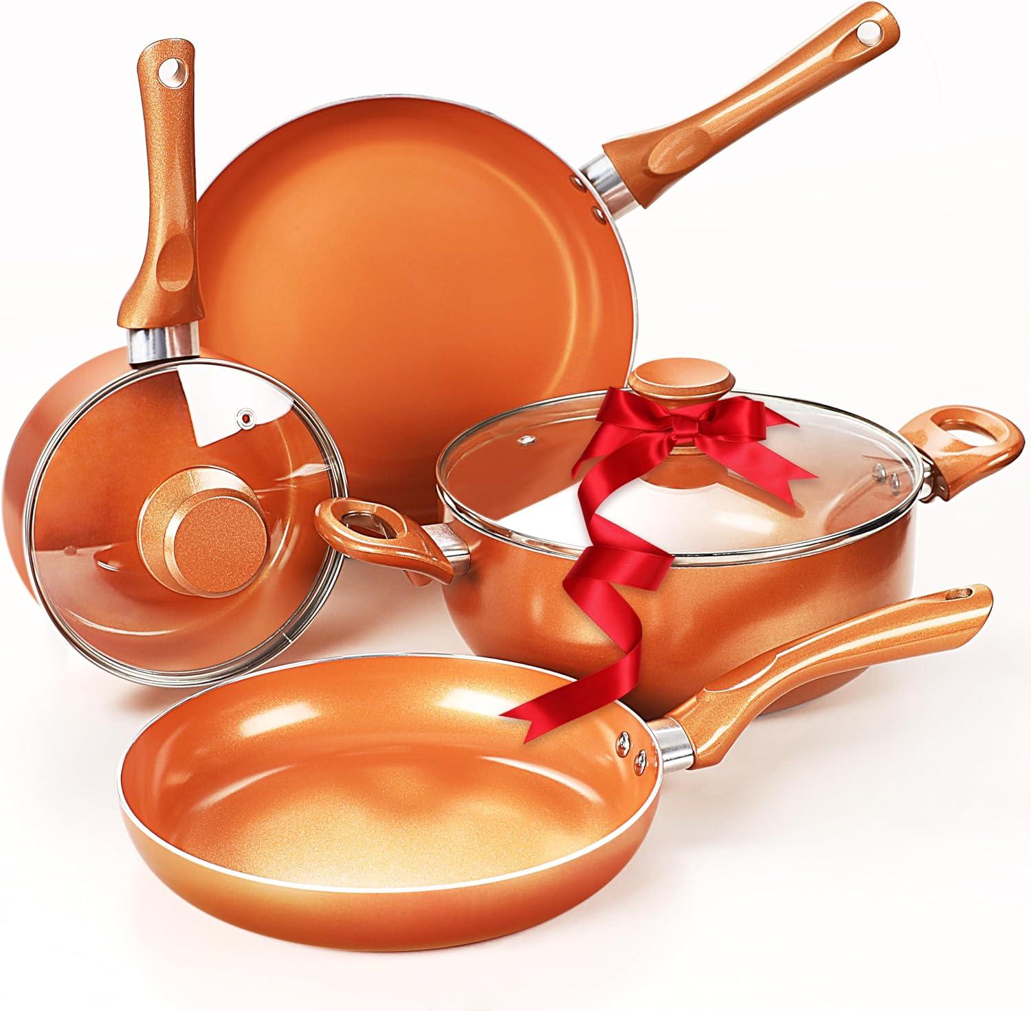 Copper Nonstick Aluminum 6-Piece Cookware Set with Glass Lids