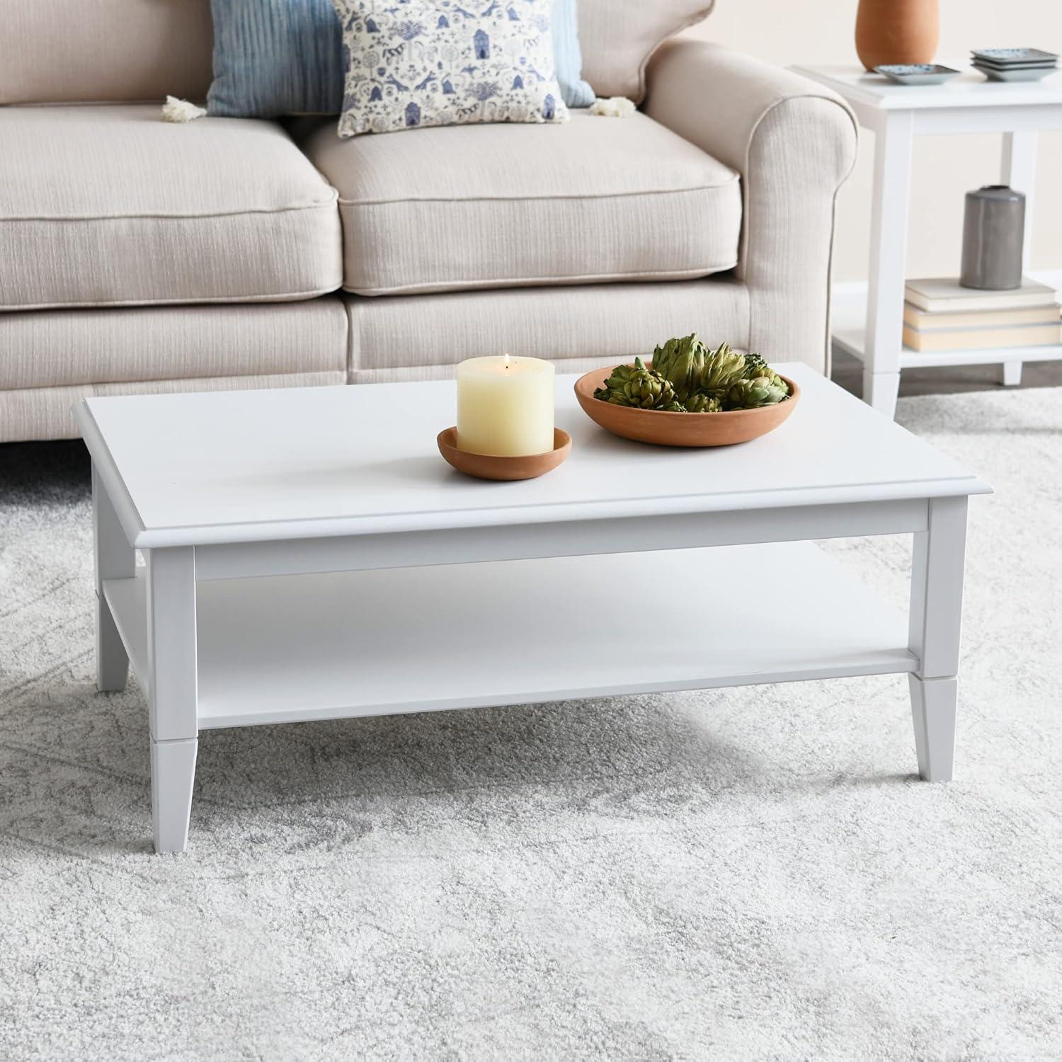 Storied Home Pleasantville Coffee Table with Storage Shelf and Solid Wood Legs White: Country Style, Engineered Top