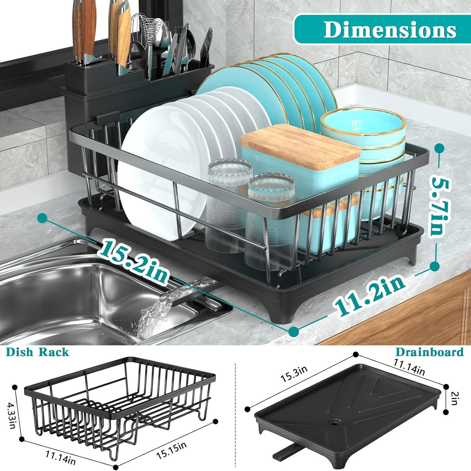 iSPECLE Dish Drying Rack with Drainboard - Compact Dish Racks for Kitchen Counter or in Sink, Small Dish Drainer with Utensil Holder and Drain Spout, Black