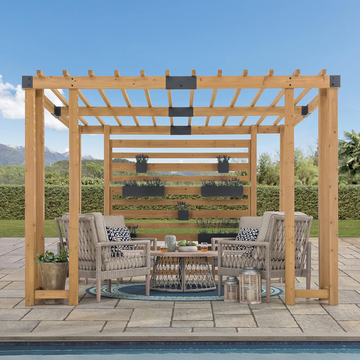 Sunjoy Cedar Pergola 10 x 11 ft. Wooden Hot Tub Pergola with Adjustable Canopy and Privacy Screen
