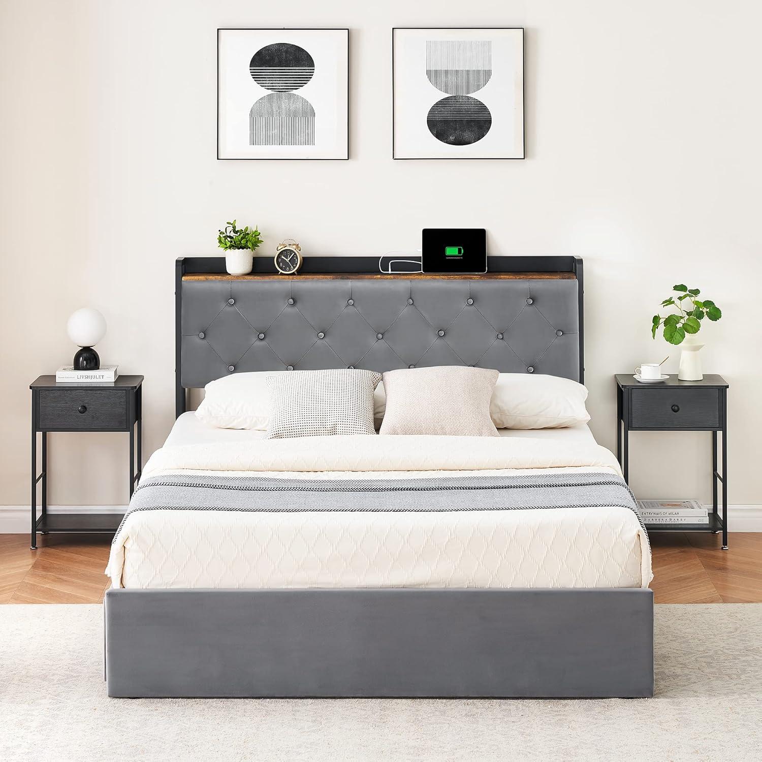 GarveeHome Full Size Bed Frame with 4 Storage Drawers and Charging Station, Upholstered Velvet Platform Bed Frame with Storage Headboard and Sturdy Wooden Slats Support, No Box Spring Needed