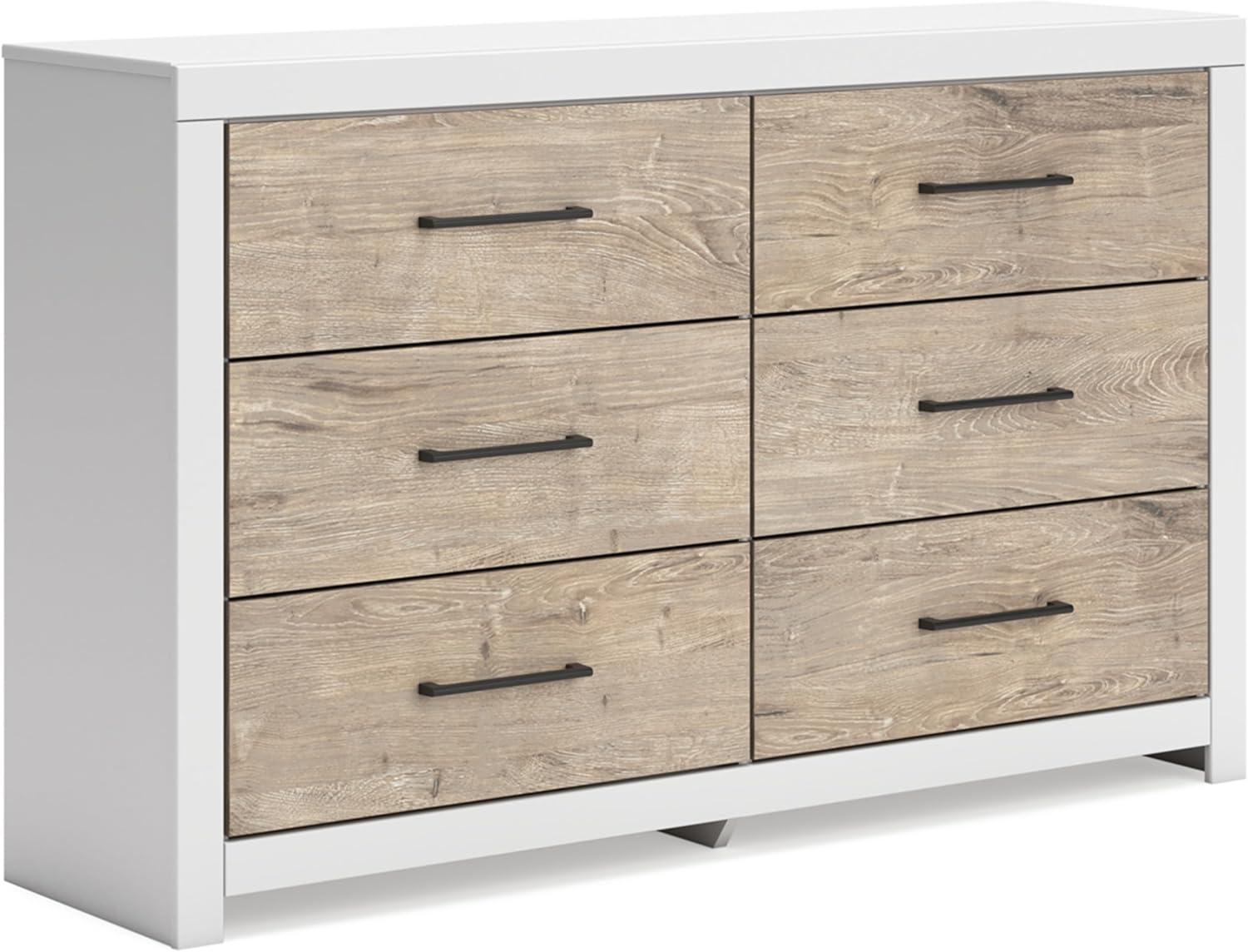 White and Light Brown Transitional 6-Drawer Dresser with Mirror