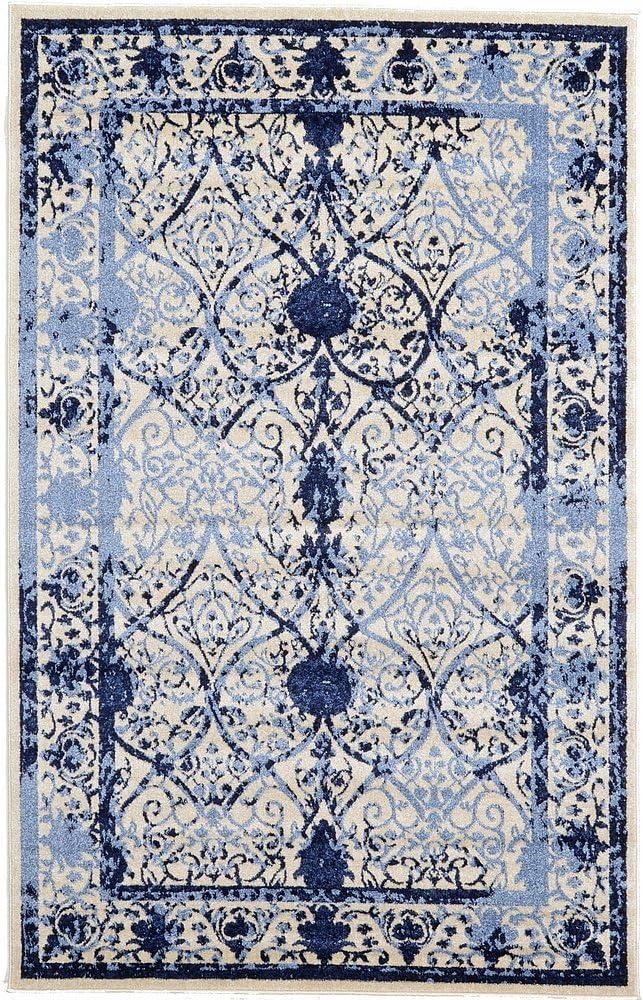 Handmade Ivory and Blue Floral Synthetic 5' x 8' Rectangular Rug